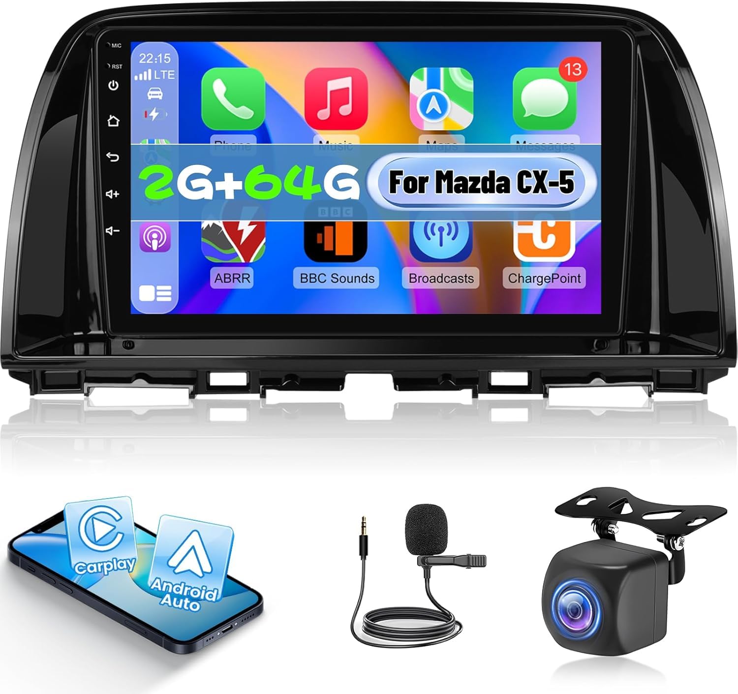NHOPEEW Radio para Coche 2G+64G con Android para Mazda CX-5 2012-2016 - Carplay inalámbrico y Android Auto WiFi EQ GPS FM RDS + cámara de Marcha atrás AHD