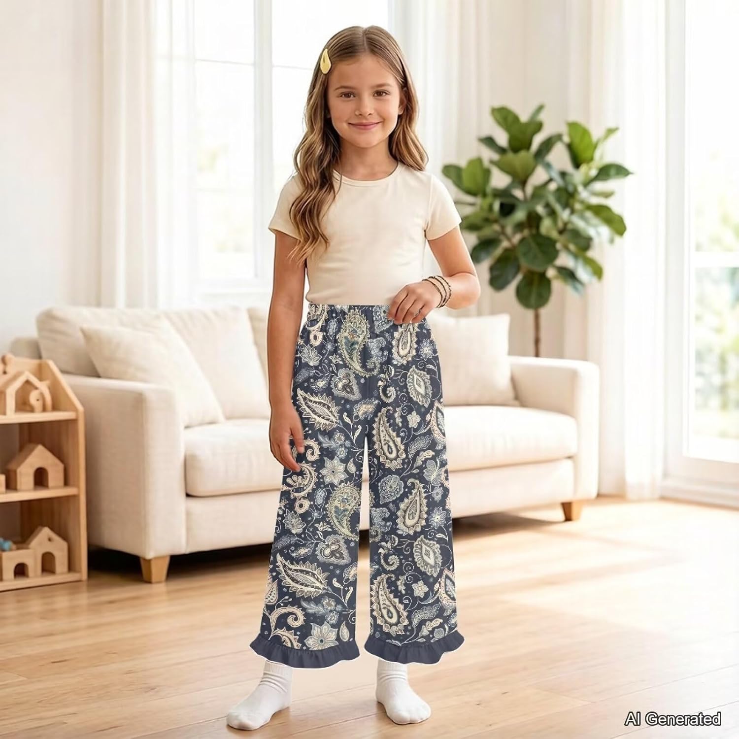 Wanyint Girls Ruffled Pants Long Trousers Track Pants with Pockets Wide Leg Trousers Y2K Fashion Outfits for 5-14 Years
