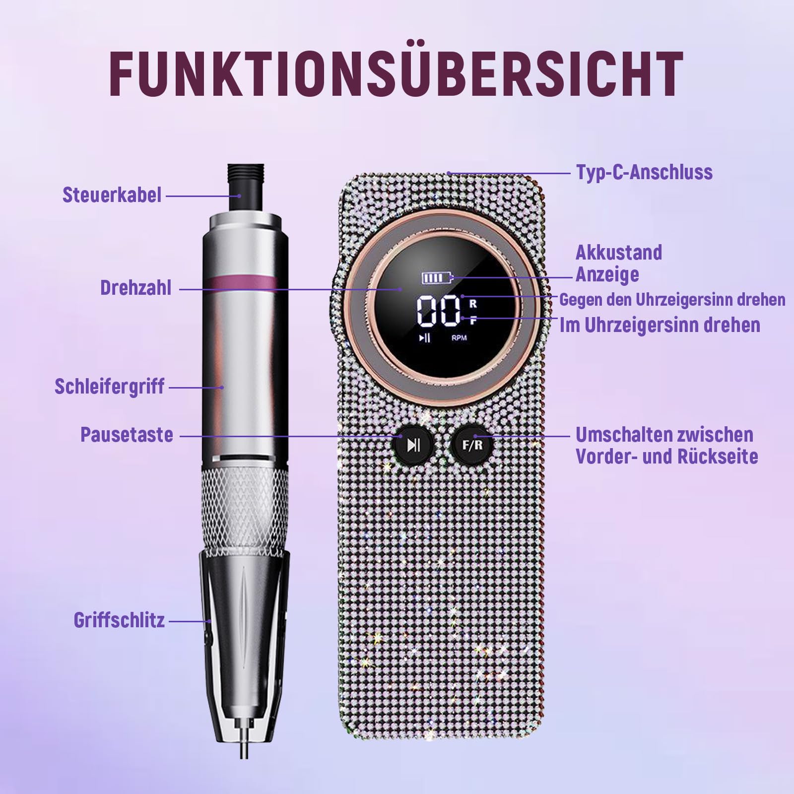 BQ-108 Nagelfräser für gelnägel,Elektrische Nagelfeile (Strass-Version)