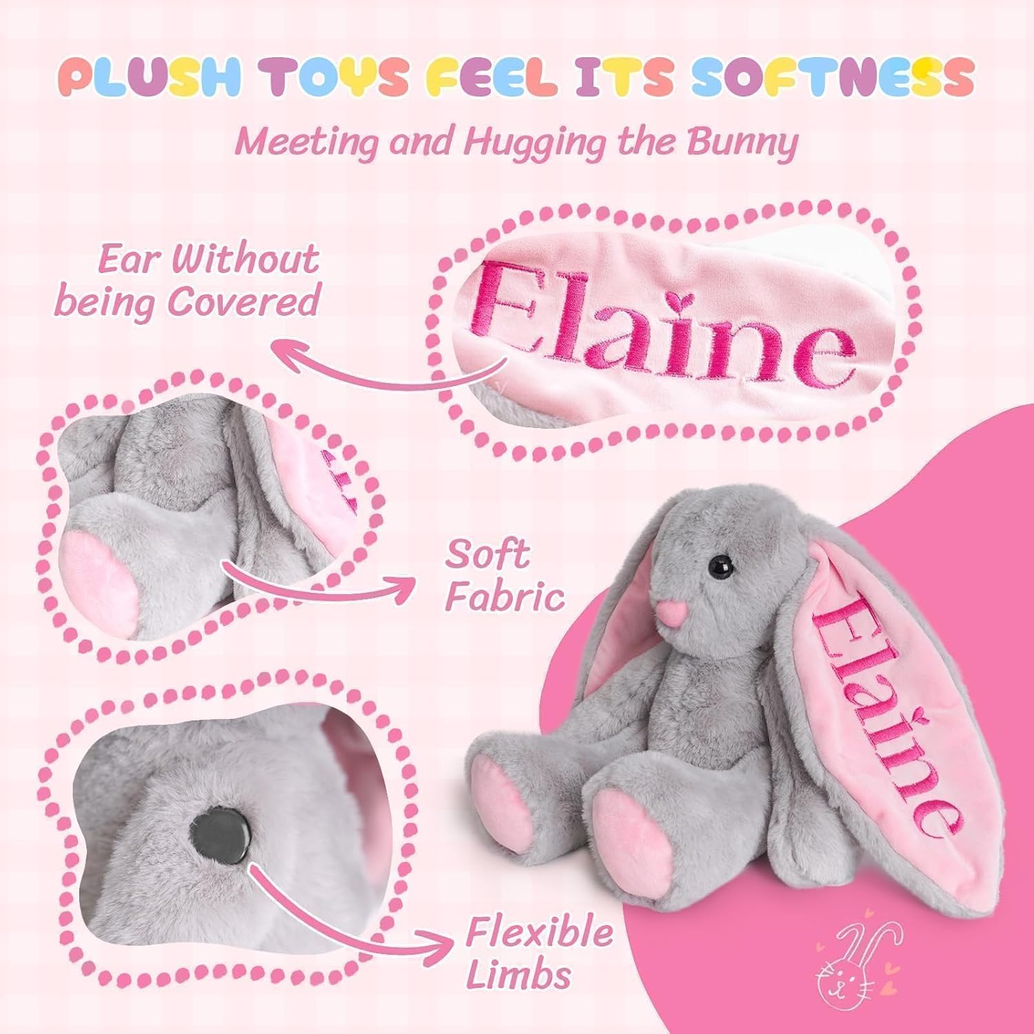 Custom Plush Bunny Toys with Child's Name, Embroidered Bunny Stuffed Animals | Easter Basket Stuffers for Kids, Personalized Birthday Gift for Baby Girls Boys (Grey)