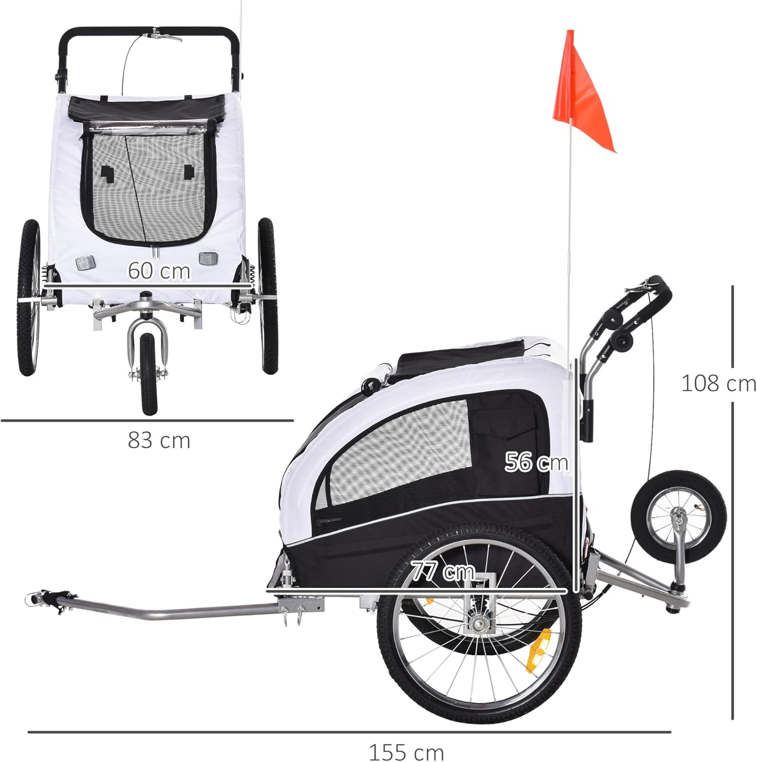 Diagram showing the full dimensions of the PawHut 2-in-1 Dog Trailer and Jogger.