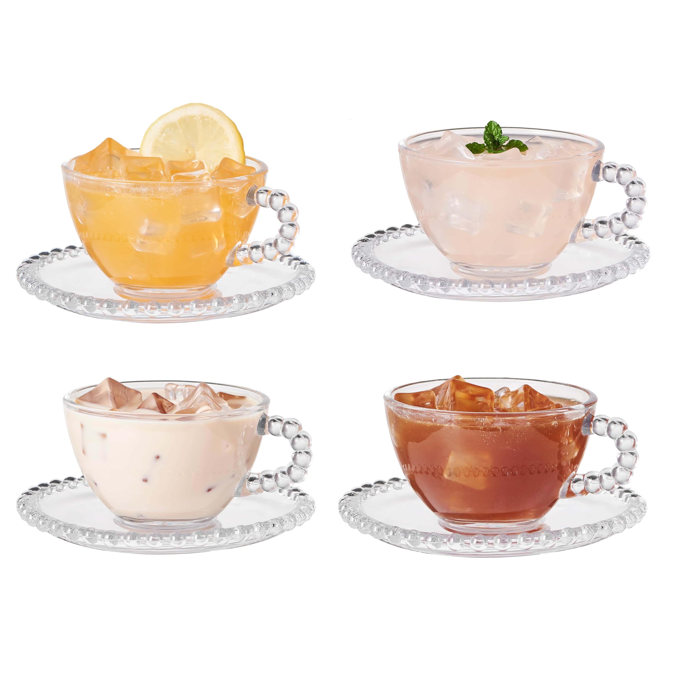 Eden & Willow Pearl Beaded Glass Cup and Saucer Set | Modern Tea and Coffee Drinkware Set (4, Pearl Beaded)