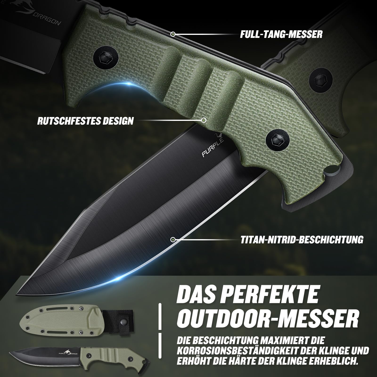 Purple Dragon Survival Messer Feststehende Klinge mit Grüner Kydex Scheide, Full Tang Outdoor Messer aus einem Stück D2 Stahl, G10 Griff für Bushcraft und Camping,Geschenke für Männer