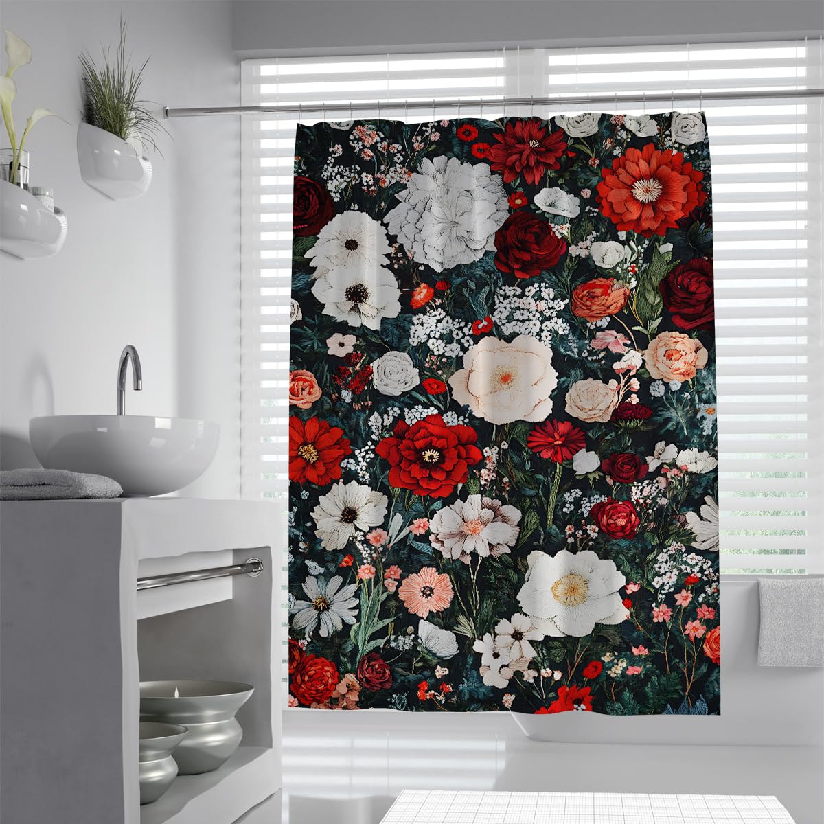 UIRINGART Chic Dark Rose Shower Curtain W200xL200cm Red White Floral Garden Design Mildew Resistant Waterproof Bath Curtains For Bath Tub With Hooks