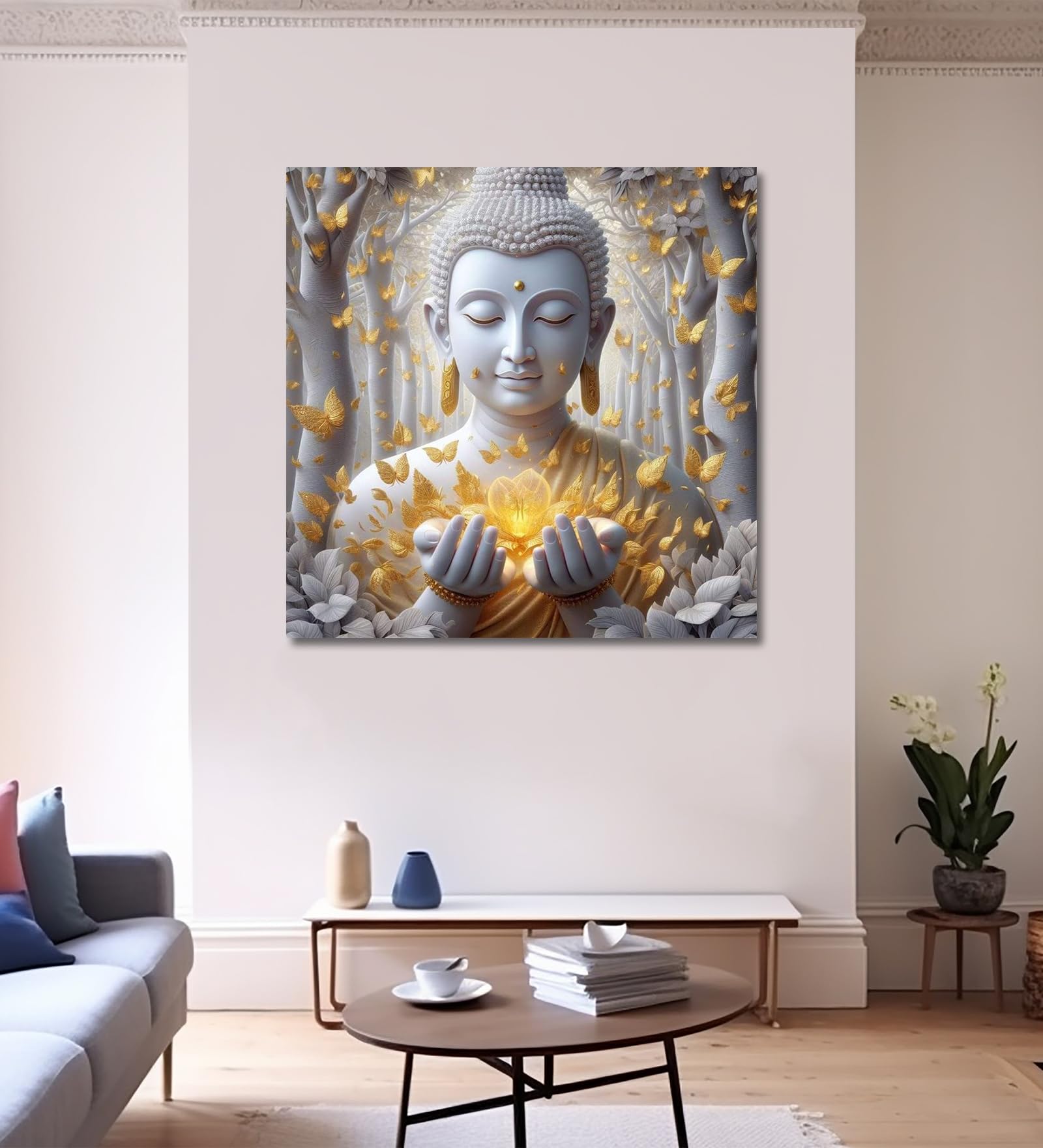 Olive Tree® Lord Gautam Buddha Wall Art Canvas Painting for Home, Drawing Room, Office, Hotels Decor/Wooden Frame with Modern Style Hanging Art Perfect for Wedding, Anniversary Gift -Size 24x24 Inch