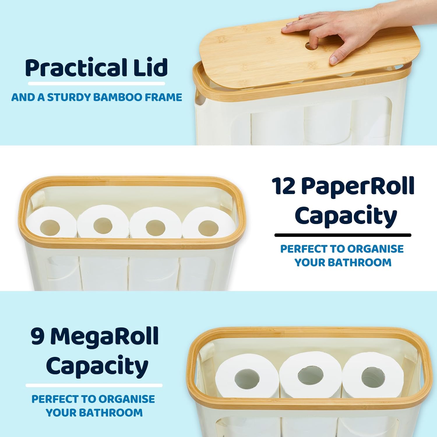 Toilet Paper Storage with Lid, Large Toilet Paper Holder for up to 12 Rolls, Free Standing Bathroom Storage Organizer with Lid, Beige - Image 2