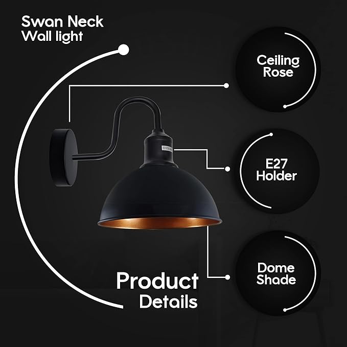 LEDSone LEDSone Modern Industrial Swan Neck Metal Arm E27 Sconce Wall Lamp Set Fixture LED Lighting for Living Room Dining Room Kitchen (Zwart Binnen Goud) photo 3