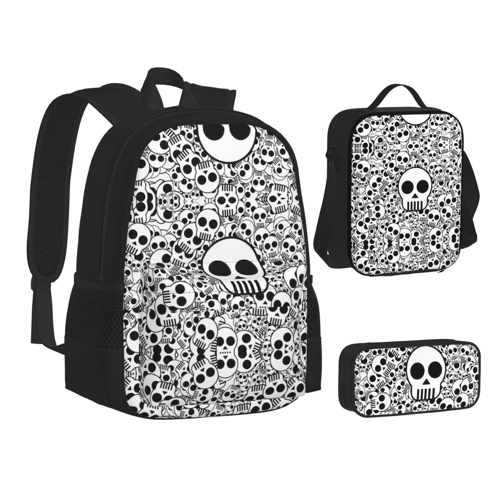 Juego de 3 mochilas escolares con estampado de calaveras en blanco y negro, mochila para laptop de gran capacidad resistente al agua con bolsa de almuerzo aislada y estuche para lápices para
