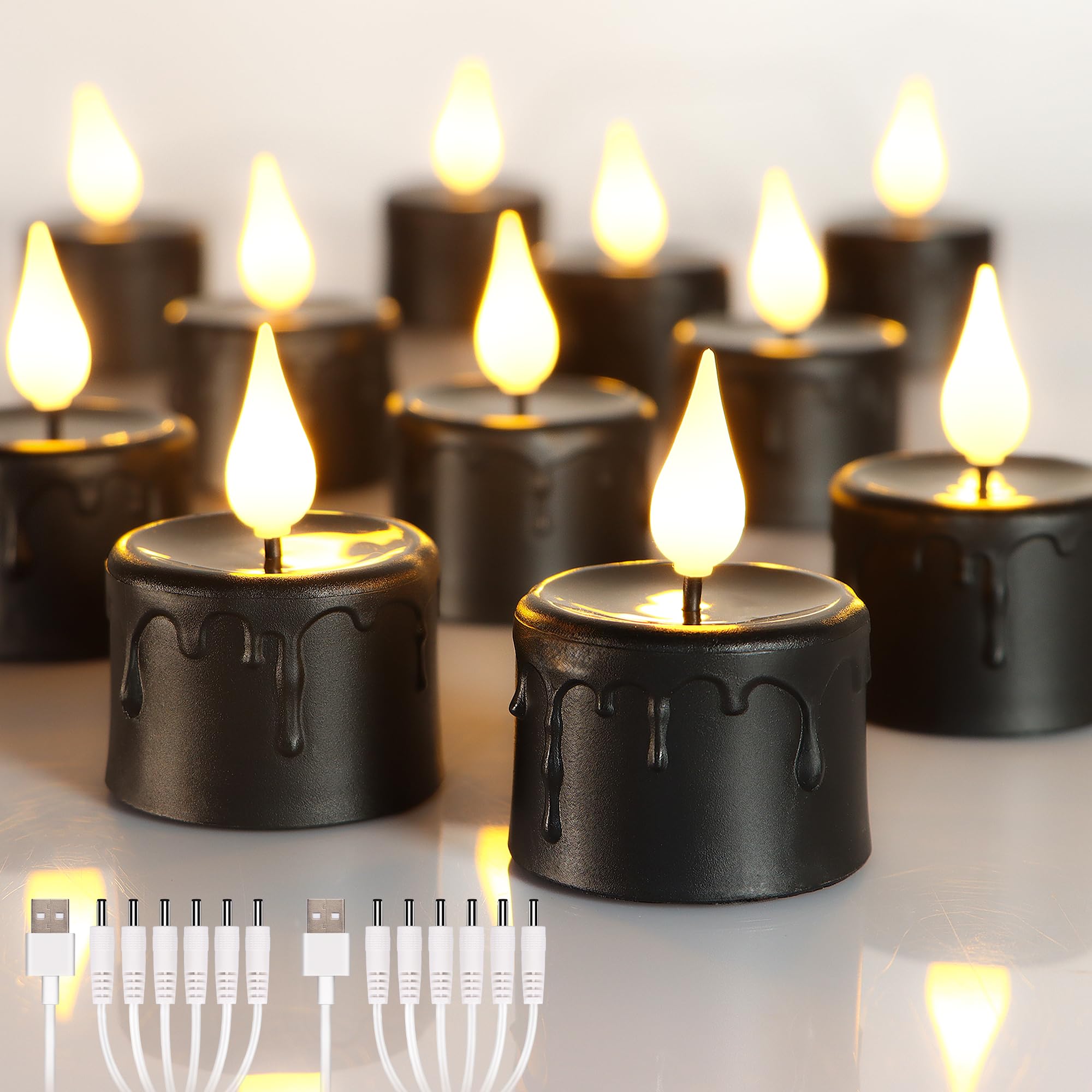 yunsheng 12 velas de té sin llama recargables negras con temporizador de 6H, velas eléctricas LED alimentadas por pilas con 2 cables USB, parpadeo para decoración del hogar