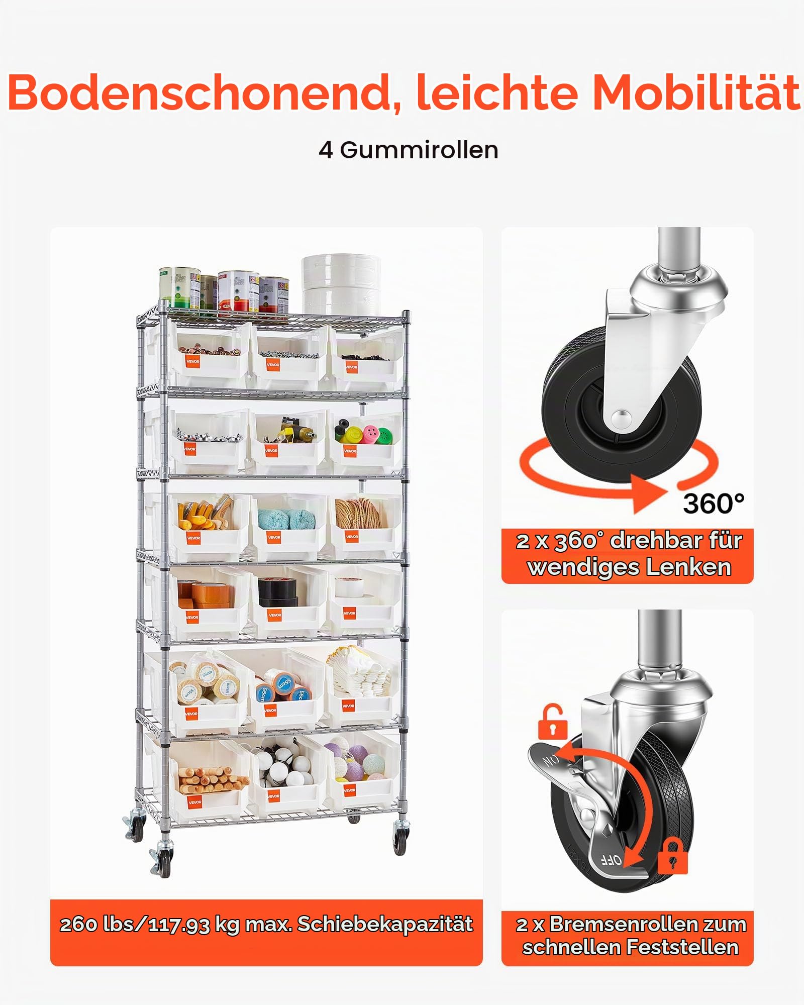 VEVOR Standregal, Lagerregal mit 7 Ebenen & 18 Stapelboxen, Bücherregal, Küchenregal mit Rollen, Werkzeugaufbewahrung für Garage, Lager, Büro, Restaurant, Klassenzimmer, Küche, 690x355x1490 mm