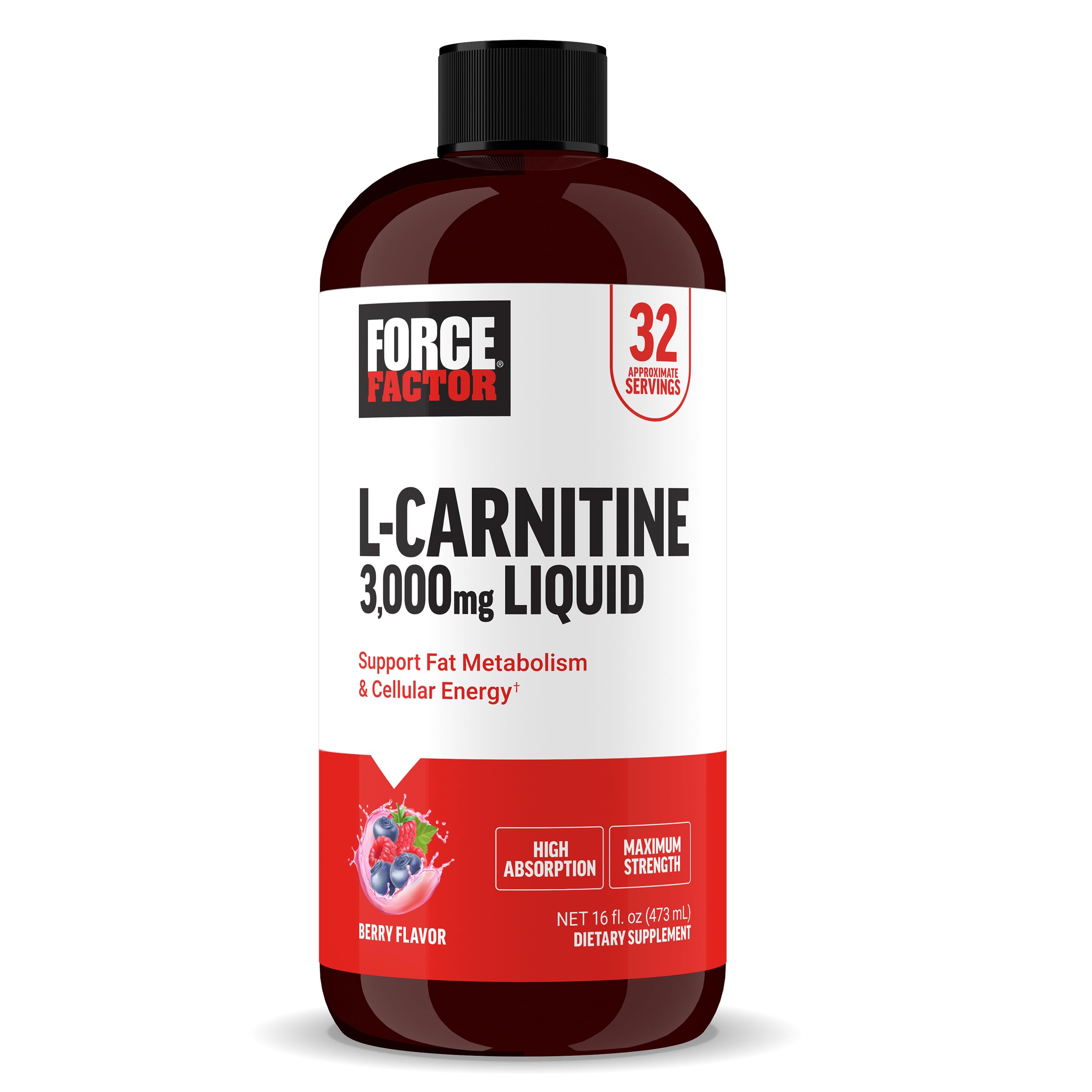Force Factor L Carnitine Supplement, Liquid L-Carnitine 3000 mg to Help Turn Fat Into Energy, Support Muscle Recovery, and Boost Cellular Energy, Maximum Strength, Non-GMO, Berry Flavor, 16 Oz.