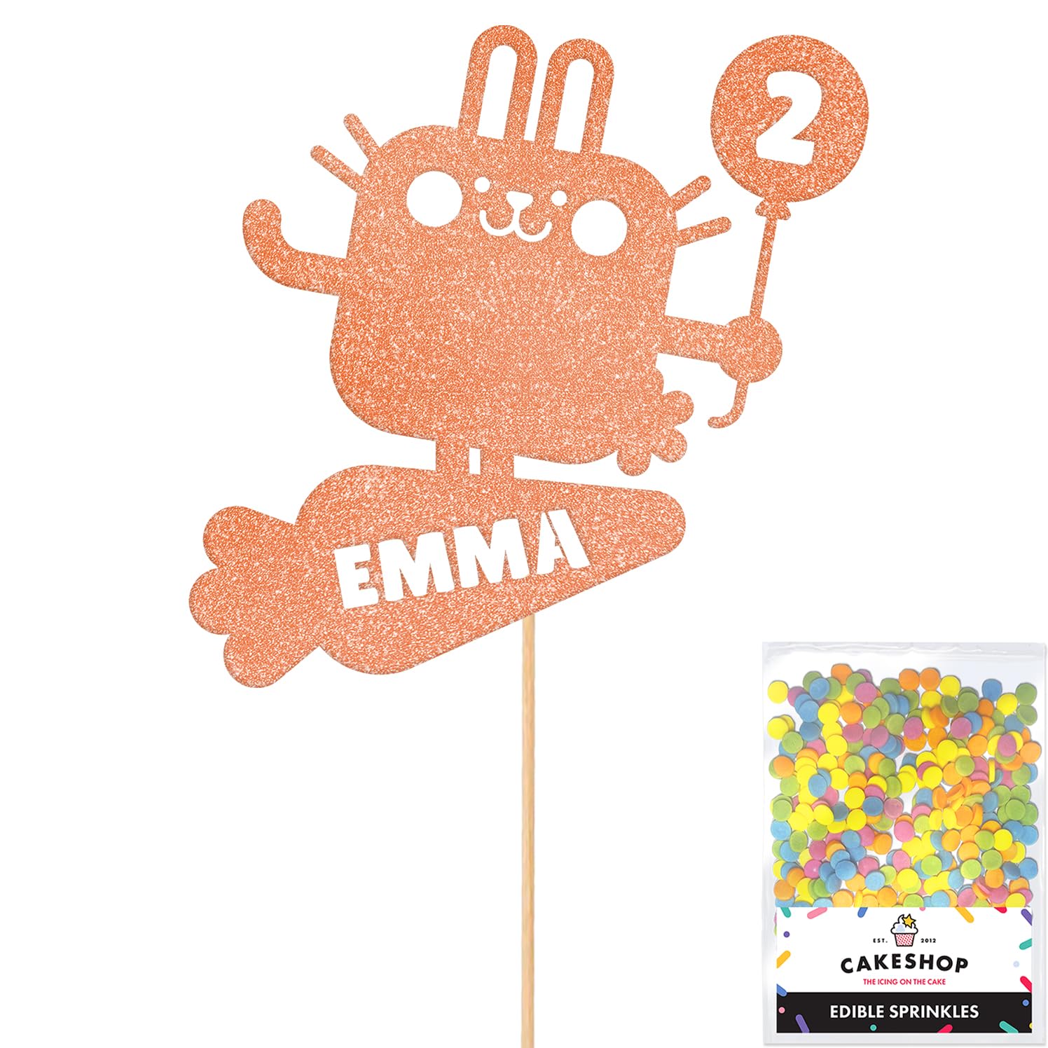Personalised Pet Bunny Rabbit Glitter Cake Topper Rose Gold Any Custom Age & Name Glitter Cake Decoration and Sprinkles - Happy Birthday Decorations - Personalised Toppers for Cakes by Cakeshop — image 1