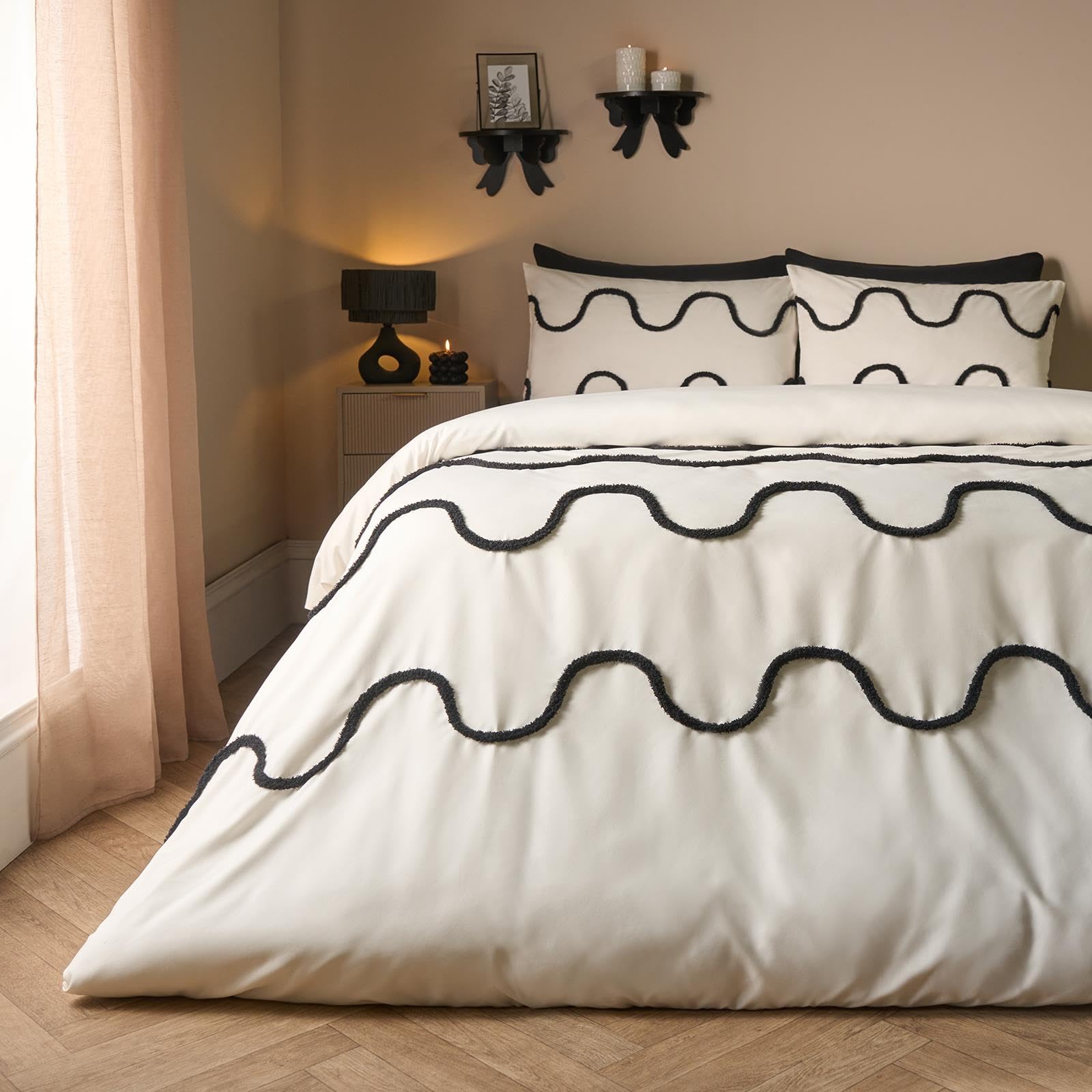 OHS Single Duvet Cover Set, Gifts for Women Super Soft Cosy Warm Modern Tufted Wave Single Bedding Set Luxurious Comfy Duvet Cover Set with Matching Pillowcase, Monochrome