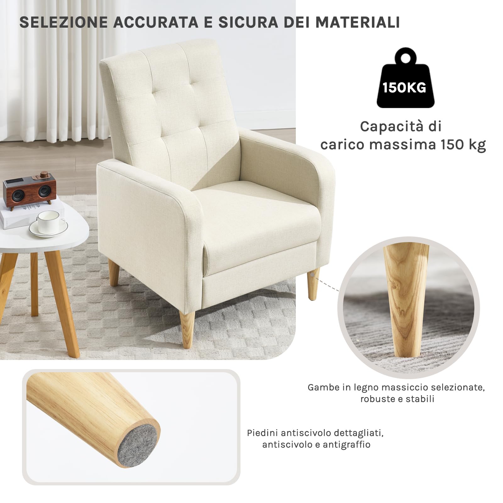 WOLTU Poltrona da Salotto, Poltrona Relax con Schienale Alto, Sedia di Relax con Pieno Legno Massello Piedi, Seduta Imbottita, Rivestimento in Lino, per Salotto, Ufficio, Beige, SKS41be