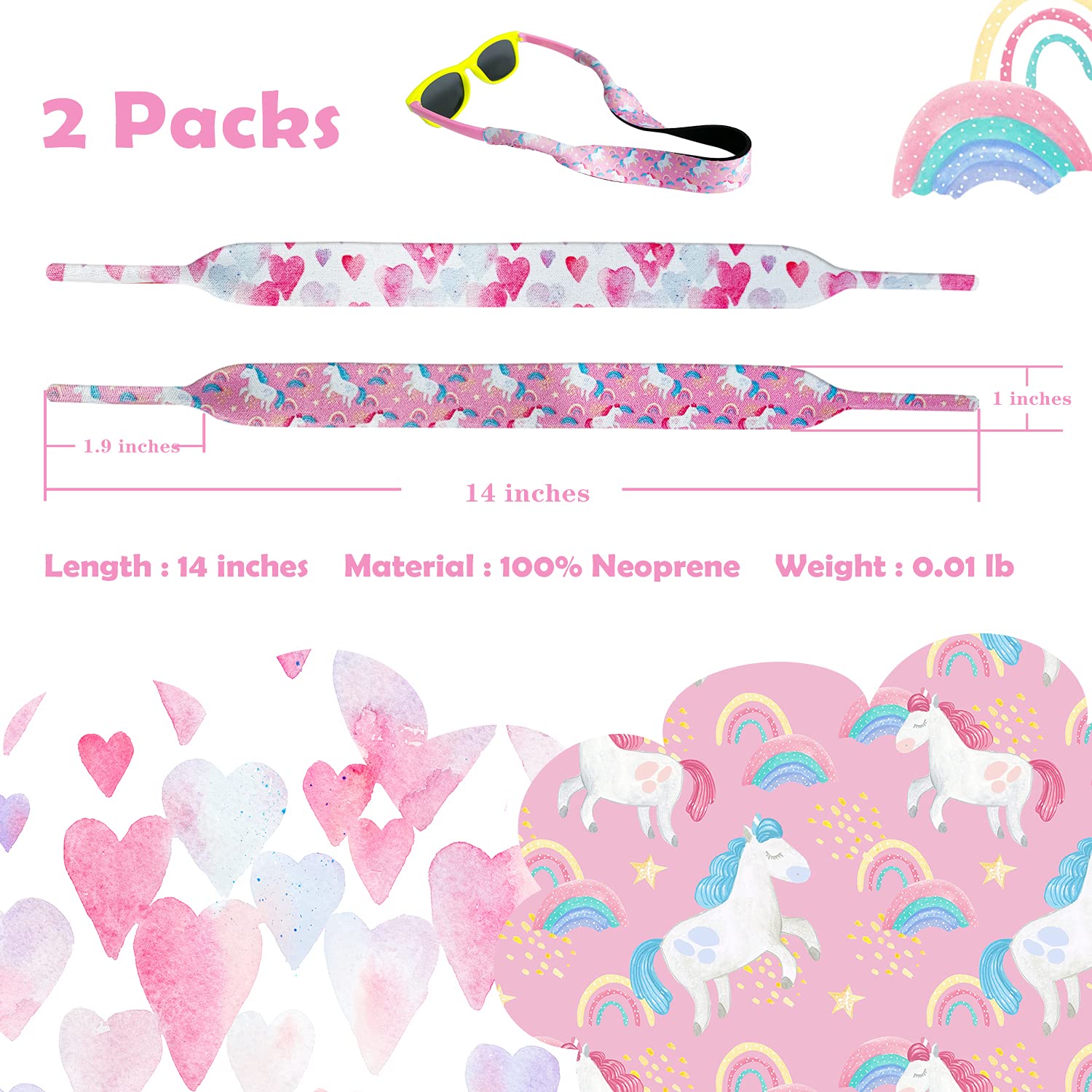 Diseño de retenedor de gafas para niños con material de neopreno flotante, correa ajustable sin cola para niños/niñas, paquete de 2