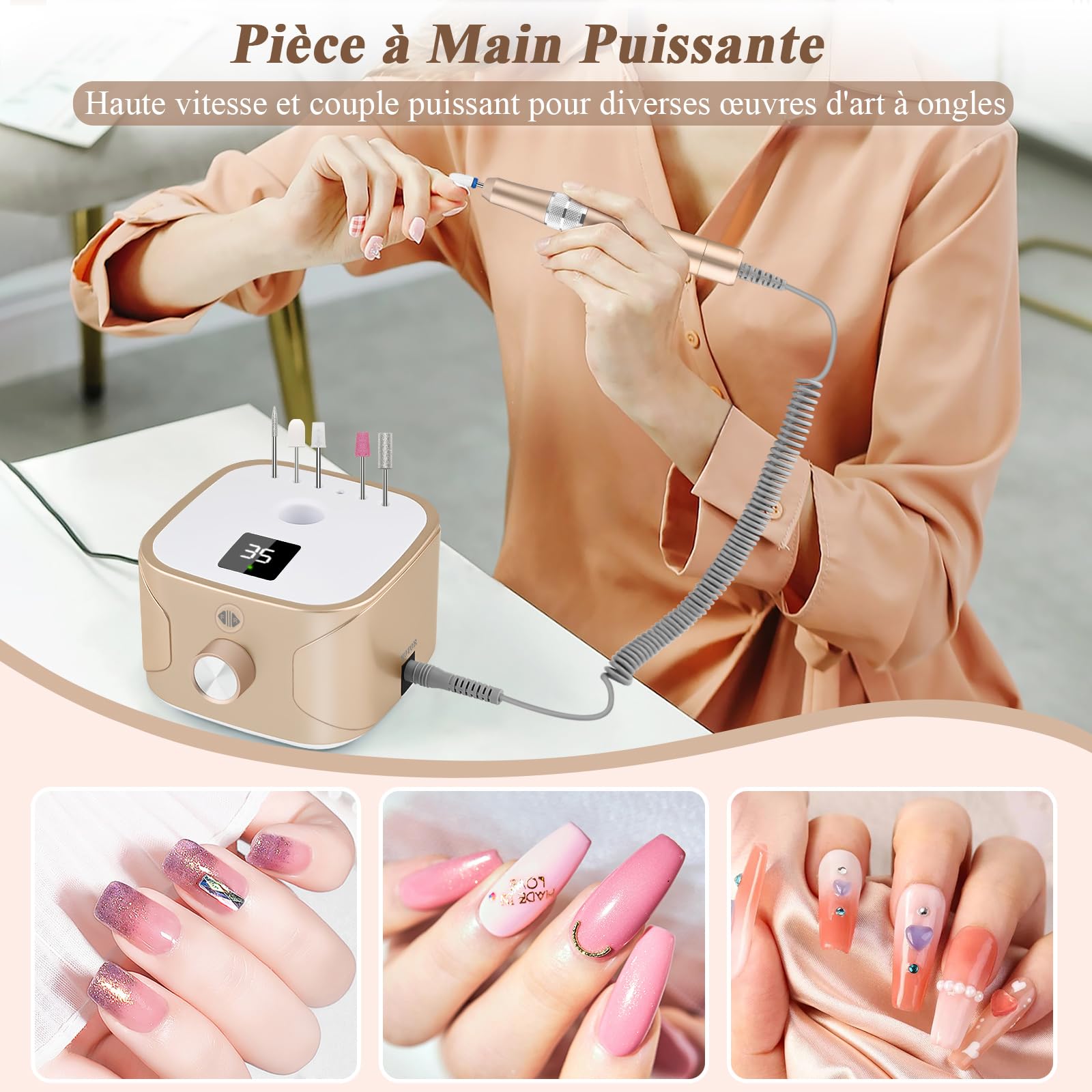 Kredioo Ponceuse pour Ongles Electrique 35000 Tours avec Affichage LED et 11 Embouts Céramique pour Manucure Pédicure Retirer Vernis Gel