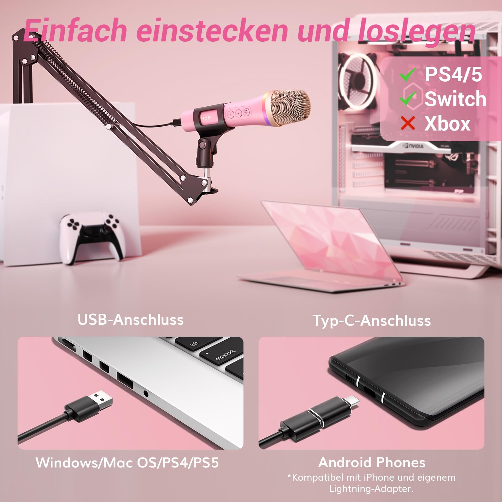 TONOR Dynamisches USB/Typ-C Mikrofon für PC, RGB Podcast Computer Gaming Mikro mit Arm Ständer für Aufnahme, Live, Streaming, YouTube, Gesang, Studio, Karaoke Microfon Quick Mute-Taste Rosa