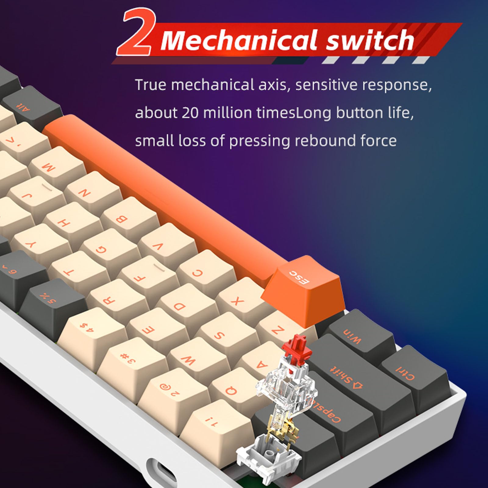 Clavier Mécanique sans Fil à 3 Modes, Clavier de Jeu Filaire BT 2,4 GHz avec Interrupteur, D'ordinateur Compact à 61 Touches pour Le Travail et Les Jeux (Orange)