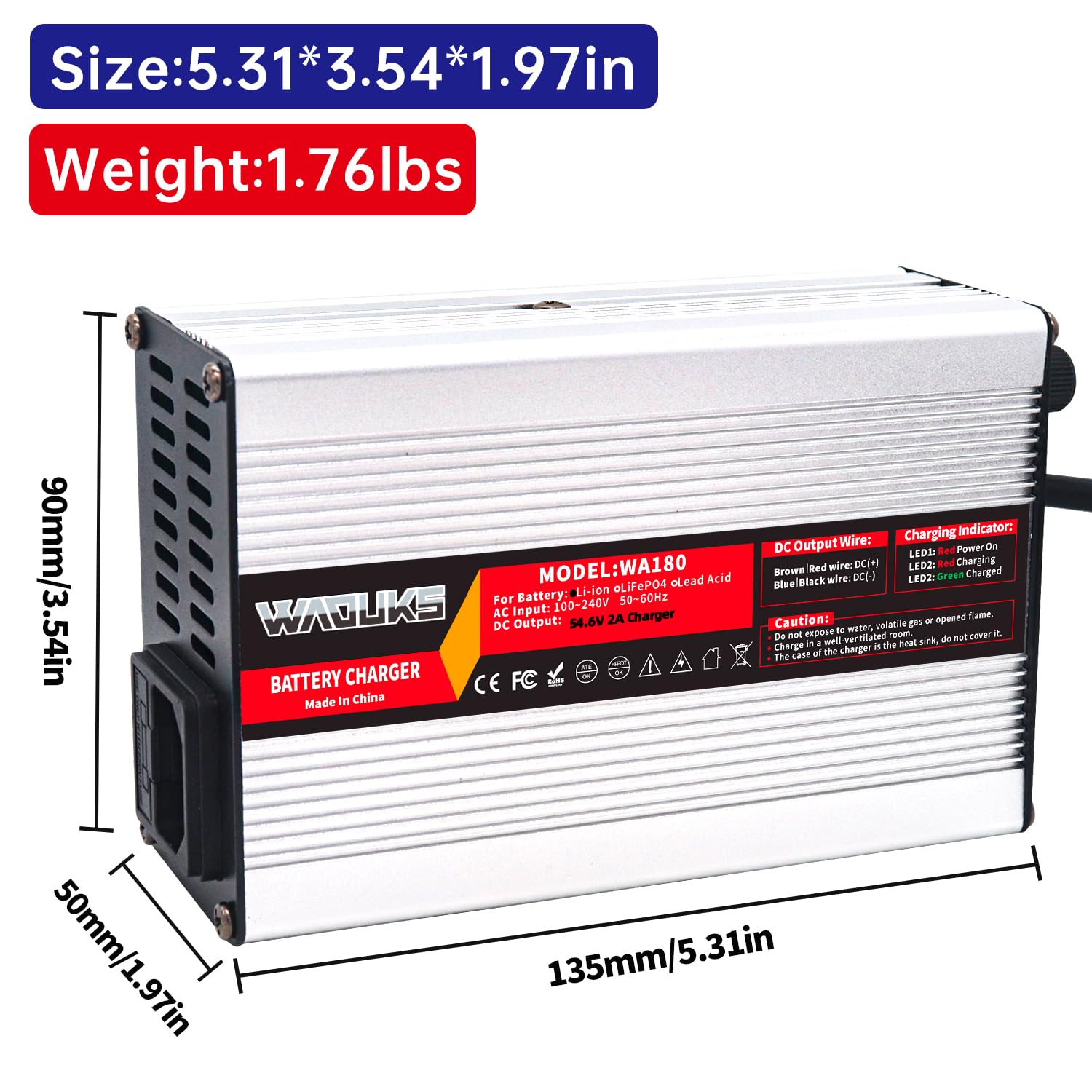 54.6V 2A Charger 48V Lithium Battery Charger with 5 Plugs Plug Connector Used for 13S 48V Li-ion Battery Pack Fast Charger