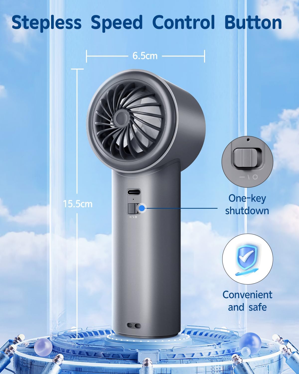 EasyAcc AI Portable Turbo Fan,Speed(1-100) Adjustable Max 26640RPM Strong Airflow,4000mAh LED Digital Display Turbo Handheld Fan Battery Rechargeable Personal Fan for Camping/Outdoor-Grey