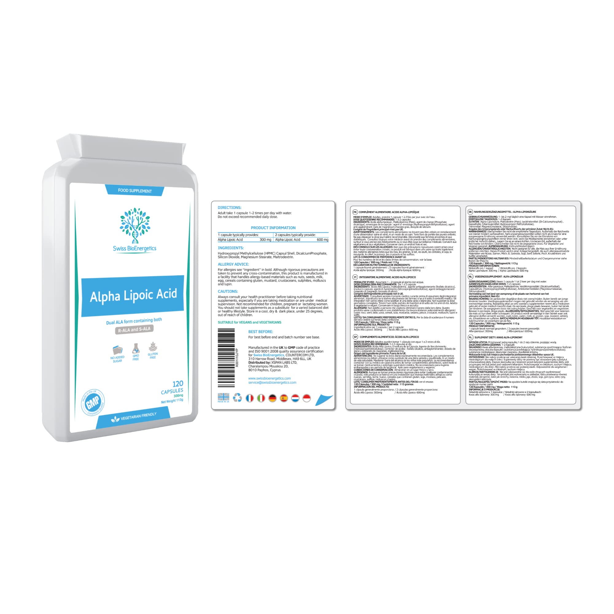 Acide alpha lipoïque 300 mg 120 comprimés - ALA double (à la fois R-ALA et S-ALA) - Fabriqué au Royaume-Uni