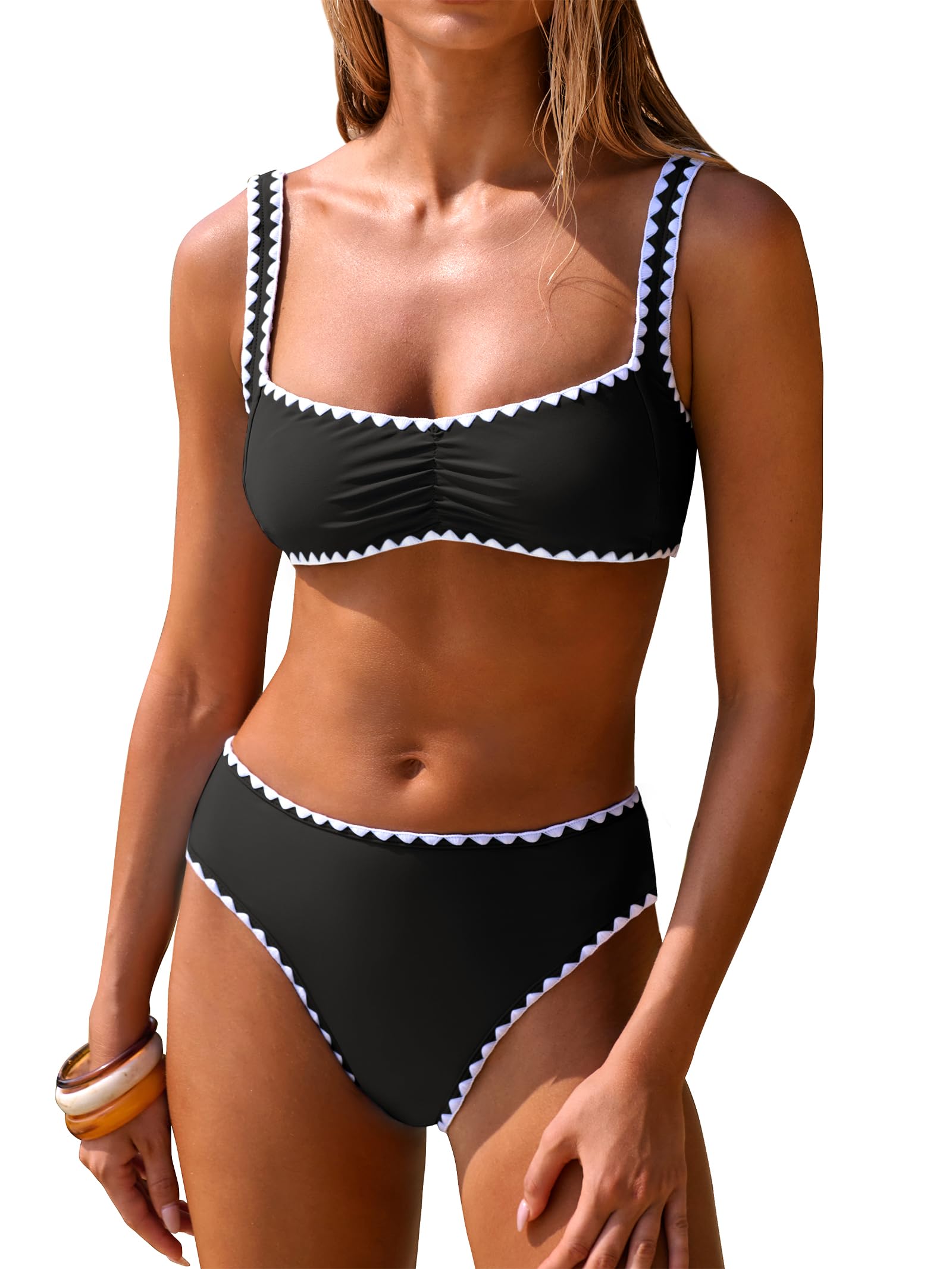ANRABESS Womens Bikini Sets Two Piece Swimsuit Ribbed Front Ruched Mid Waisted Bathing Suit Color Block 2026 Beach