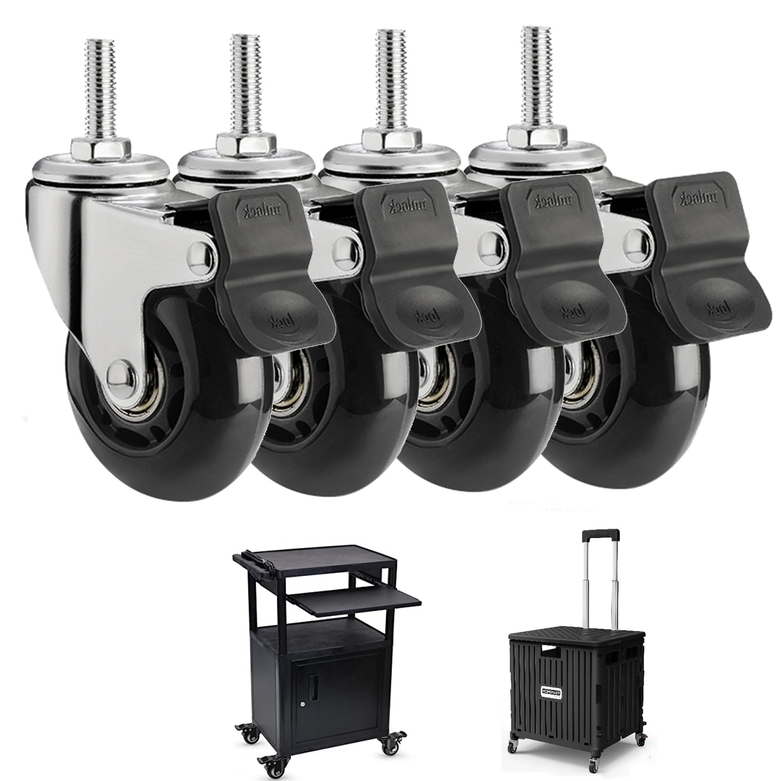 GYRAZXS Heavy Duty 4X Office Chair Castor Wheels 360° Rubber Trolley Casters with Brakes M10*25mm Perfect for Smooth Moving and Stability in Office and Home Furniture
