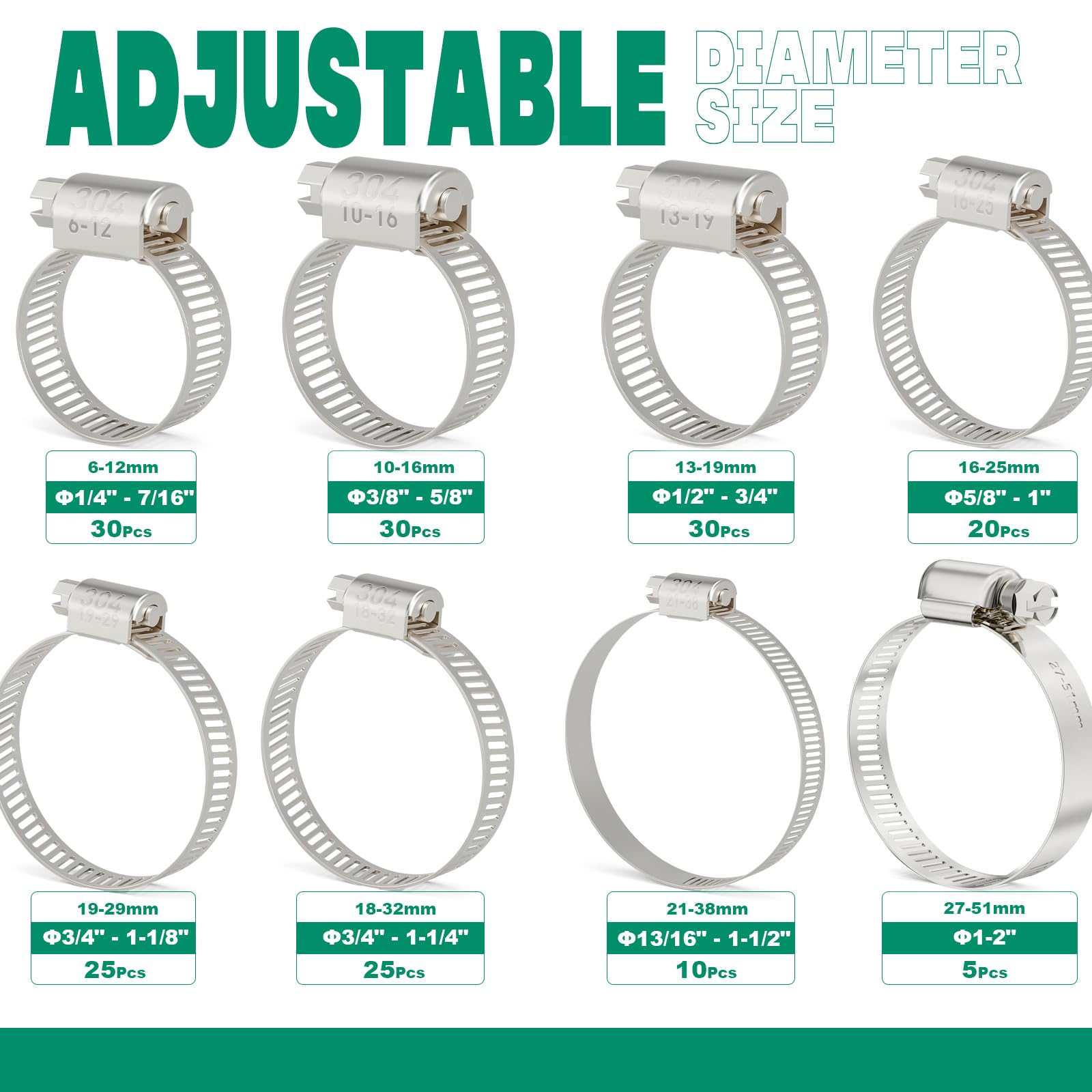 OURU Abrazadera de manguera: 175 abrazaderas de manguera de acero inoxidable ajustables de 6 a 51 mm, abrazaderas de manguera de engranaje sin fin, abrazaderas de manguera pequeñas resistentes para