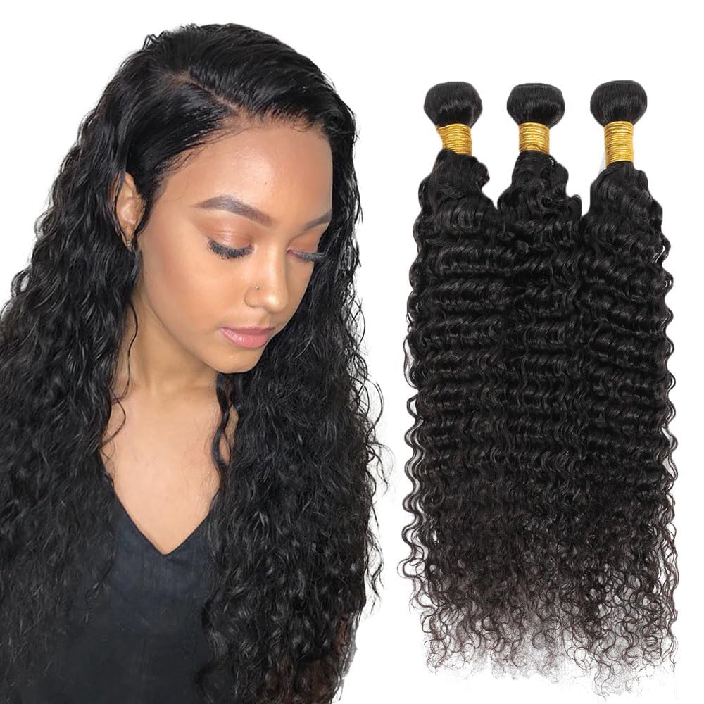 Deep Wave Human Hair Bundles 1B Natural Black Perruques Dames Extensions Double Weft Unprocessed Brazilain Remy Hair Weave Extension With Minimal Tangle 3 Bundles Total 300g 18 20 22 Inch