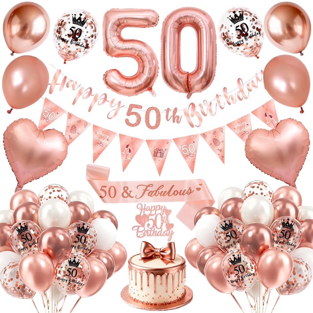 Rose Gold 50th Birthday Decoration for Women, Rose Gold Balloons with 50 Happy Birthday Banner, Birthday Sash, Cake Topper,50 Foil Balloons for 50th Birthday Party Decoration