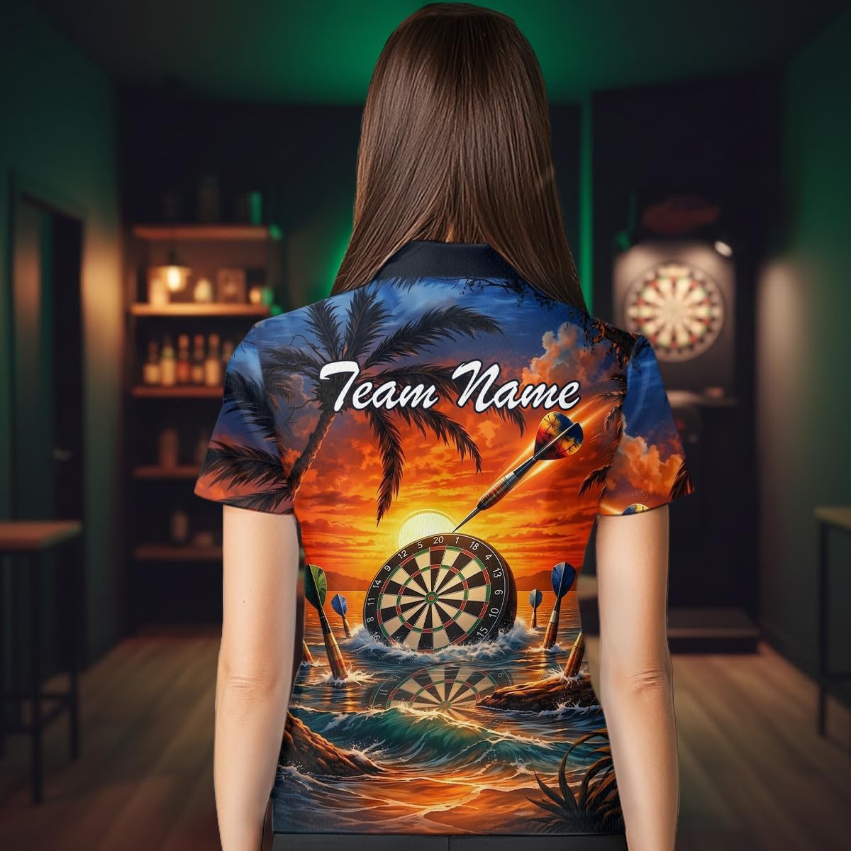 Custom Dart Team Shirts for Men & Women Polo & 1/4 Zip Dart Jersey Sunset Tropical Design Dartboard Shirt