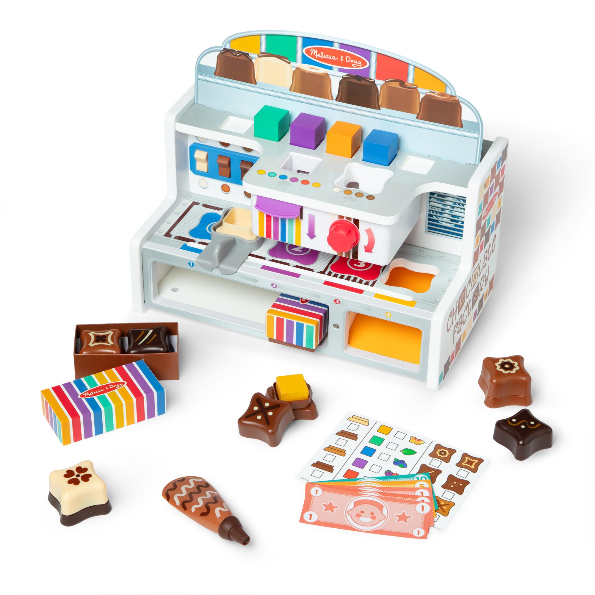 Chocolate Factory – 22-Piece Wooden Pretend Play Candy-Making Set with Molds, Toppings, Tools & Packaging – Fine Motor Skills, Role-Play & Imaginative Fun for Kids Ages 3+ | MD50216