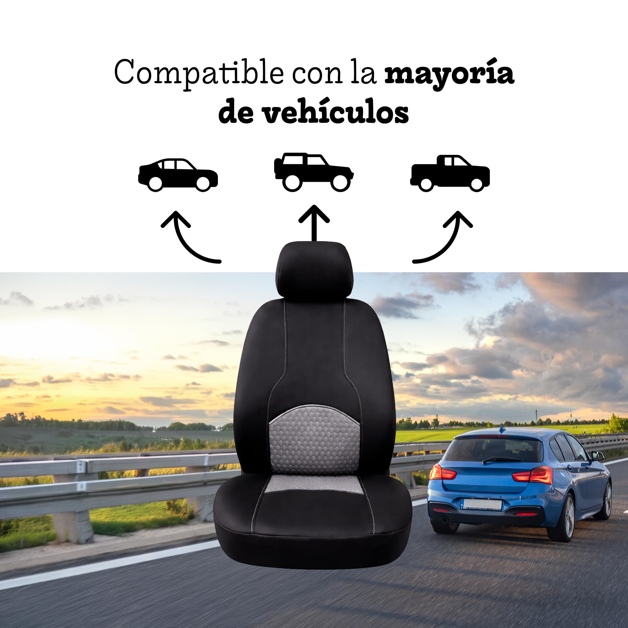 Funda Asiento Coche Delantero (Pack 2 Unidades) con Reposacabezas Coche, Protector Asiento Coche Delantero, Fundas Asientos Coche Universales, Cubre Asientos Coche, Compatibles con Airbags Laterales