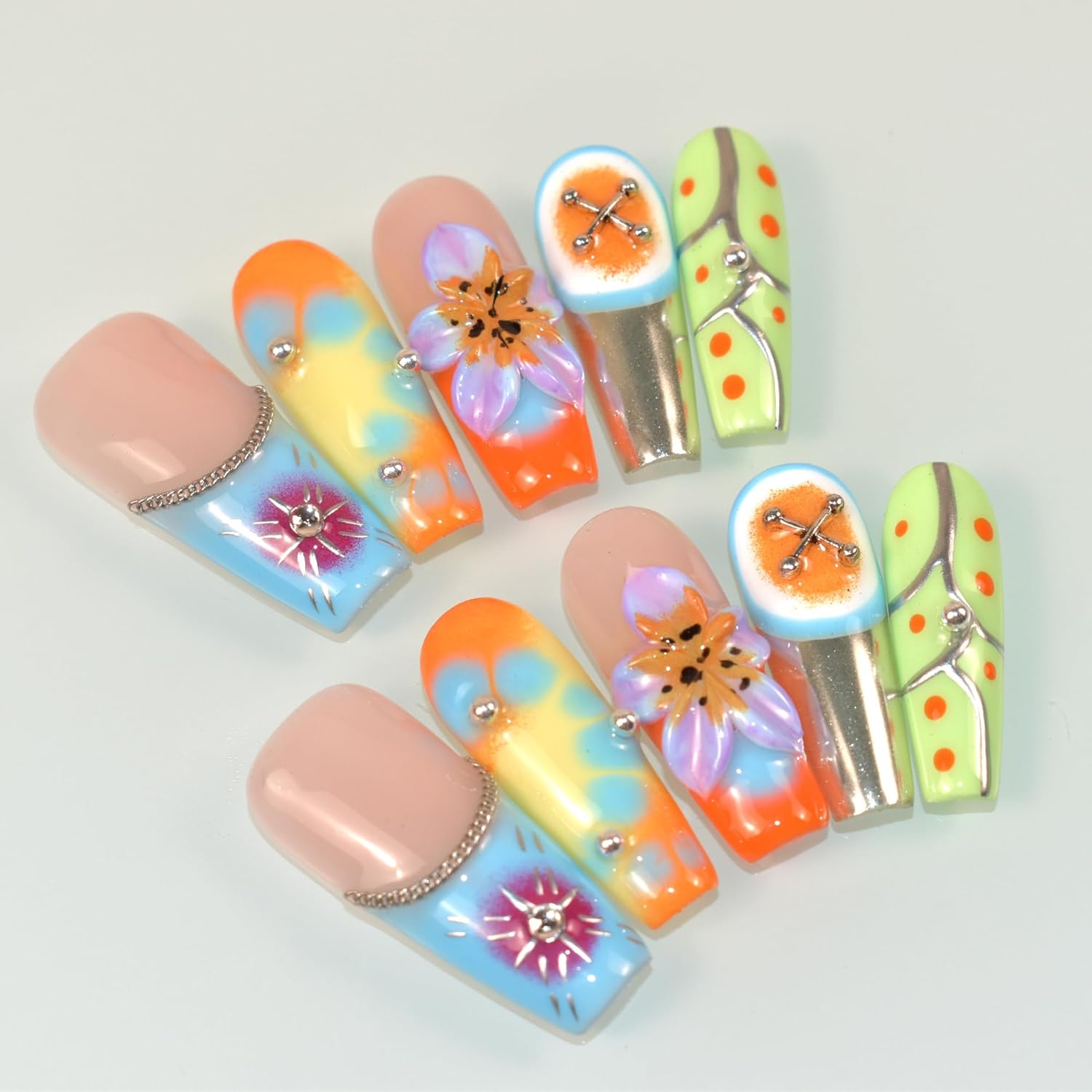 Handmade Nails 10Pcs Manual Hand-Painted Press on Nails with Hand Carved Flowers and Charms Long Coffin for Women DIY Manicure Decorations, Size M