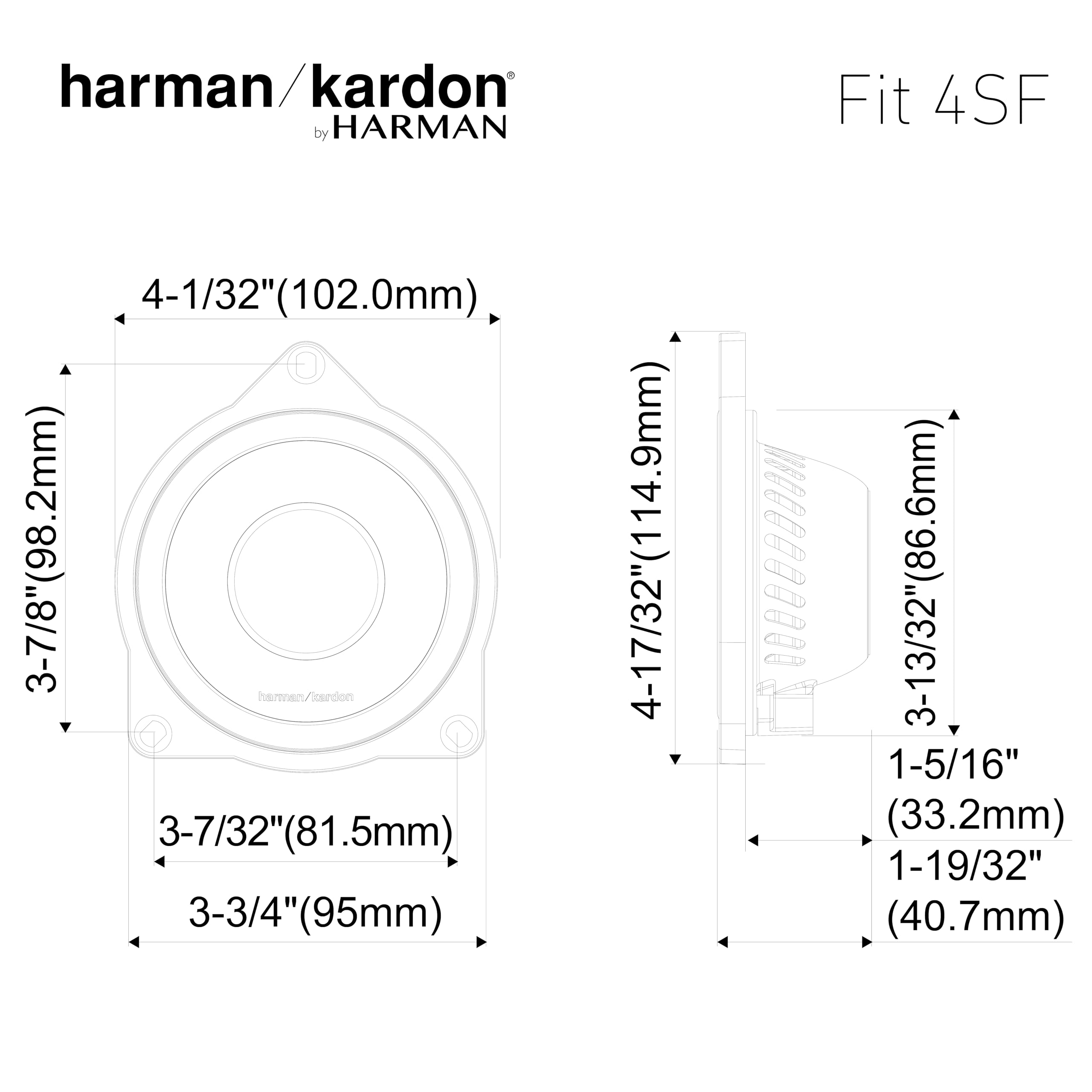 Harman Kardon FIT4SF 4 in / 10 cm Altavoz Coche Rango Medio 3 Vías | 45 W RMS / 360 W pico, 90 dB, 4 Ohm, 200 Hz-8 kHz - transductor midrange sin rejilla - materiales PCR reciclados - par