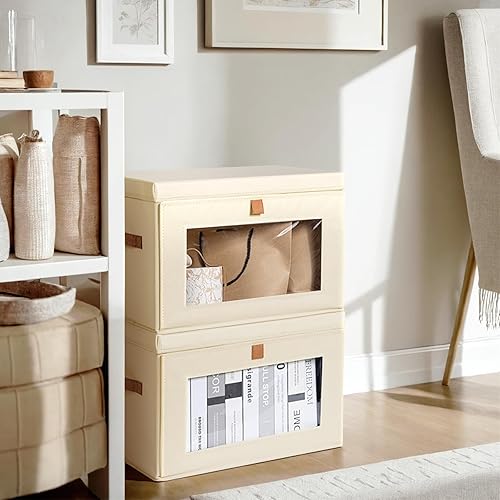 Miniatura 5 de DIMJ Contenedores de almacenamiento con tapas, paquete de 4 organizadores grandes de tela con ventana y asas, cajas de almacenamiento decorativas