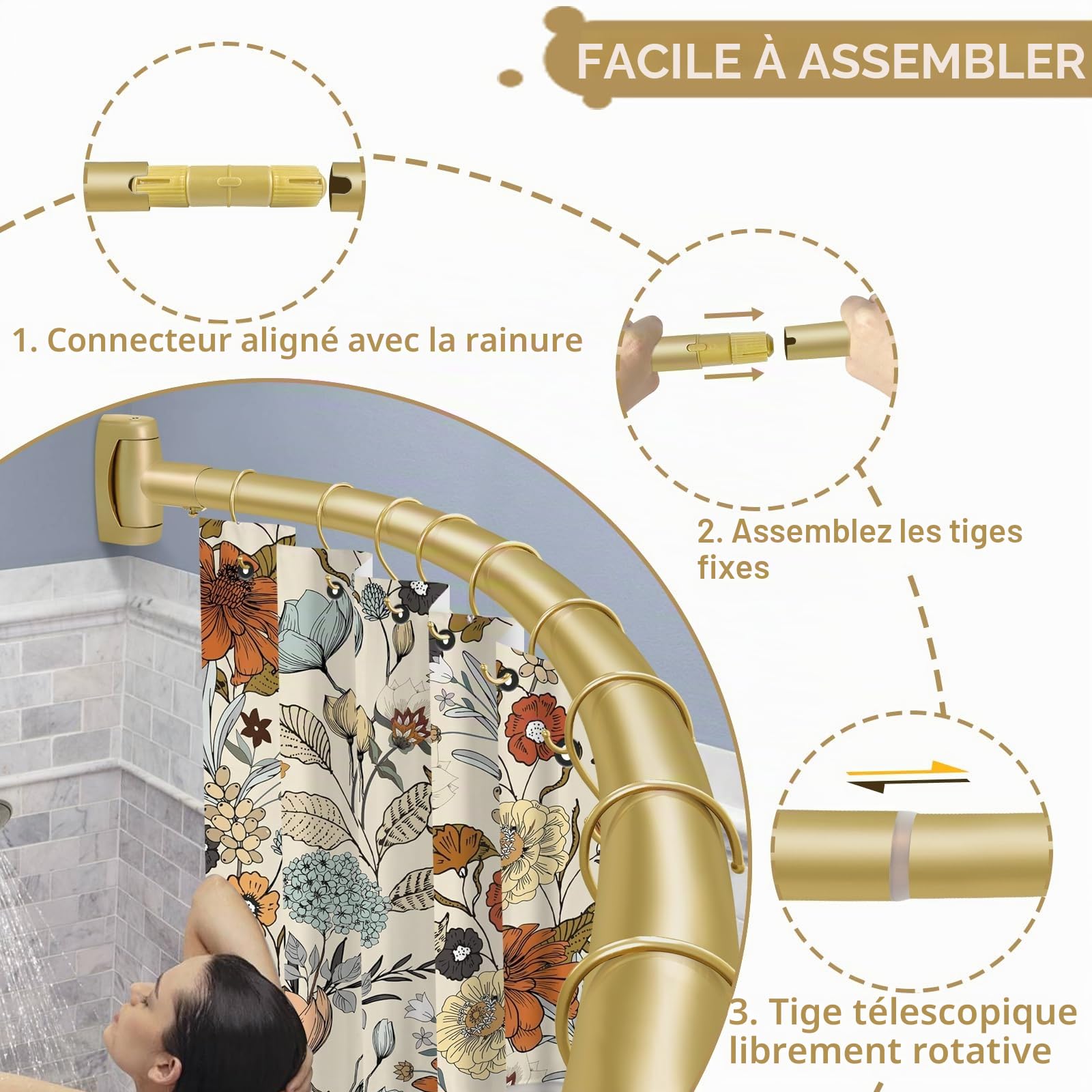 YNL Tringle à rideau de douche incurvée de 90 à 208 cm (2,5 à 2,5 m), ronde dorée et antirouille, pour salle de bain, baignoire, réglable, ne rouille pas, espace supplémentaire, antidérapante