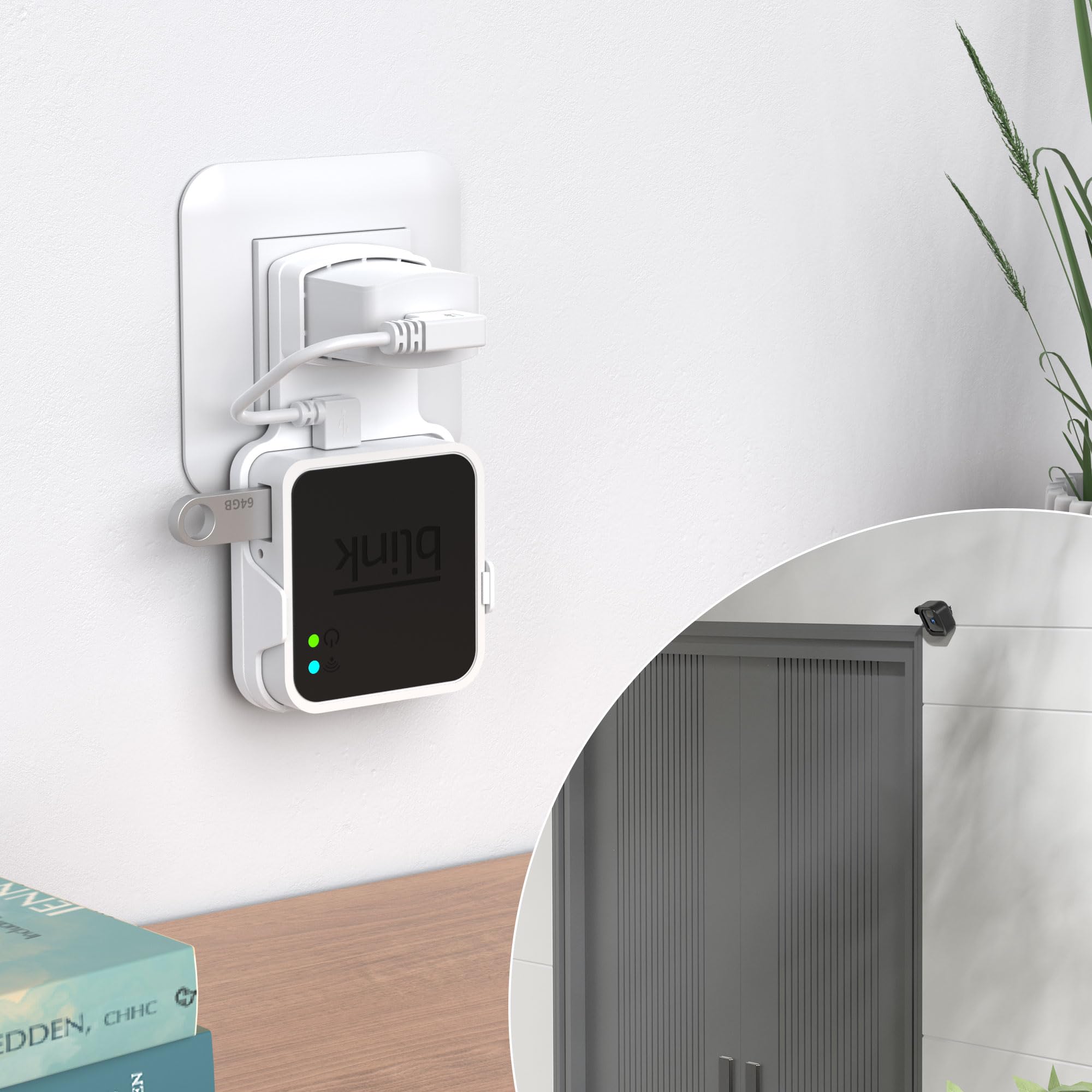 PlusAcc USB 64GB y Soporte de Pared para Blink Sync Module 2 - Base para Enchufe con Almacenamiento Local Blink, Cable Corto (Blanco)