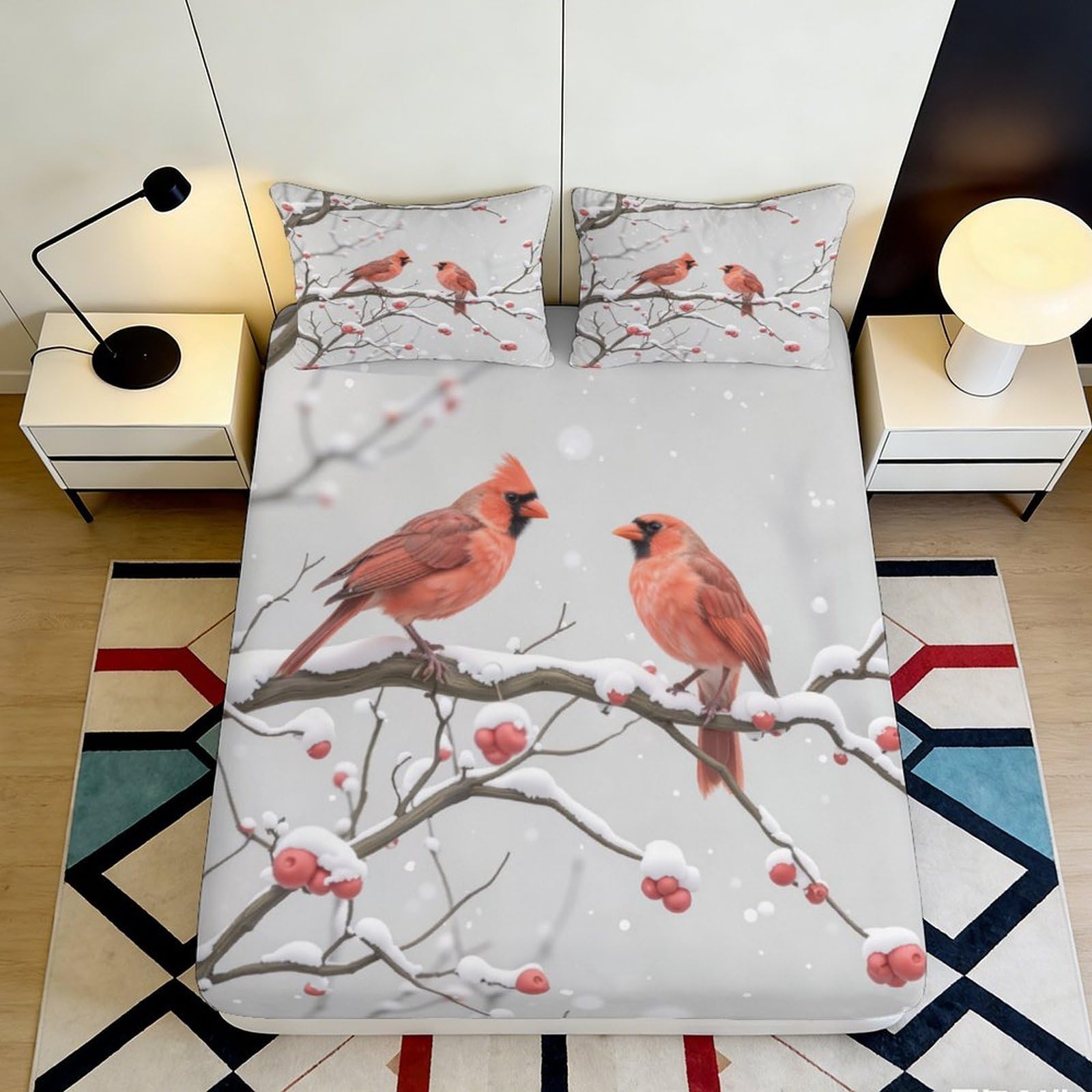 3D Printed Red Cardinal Birds Fitted Sheet Microfiber Soft Bed Cover for Bedroom Guest Room Mattress Protection Decor 90x200x25cm