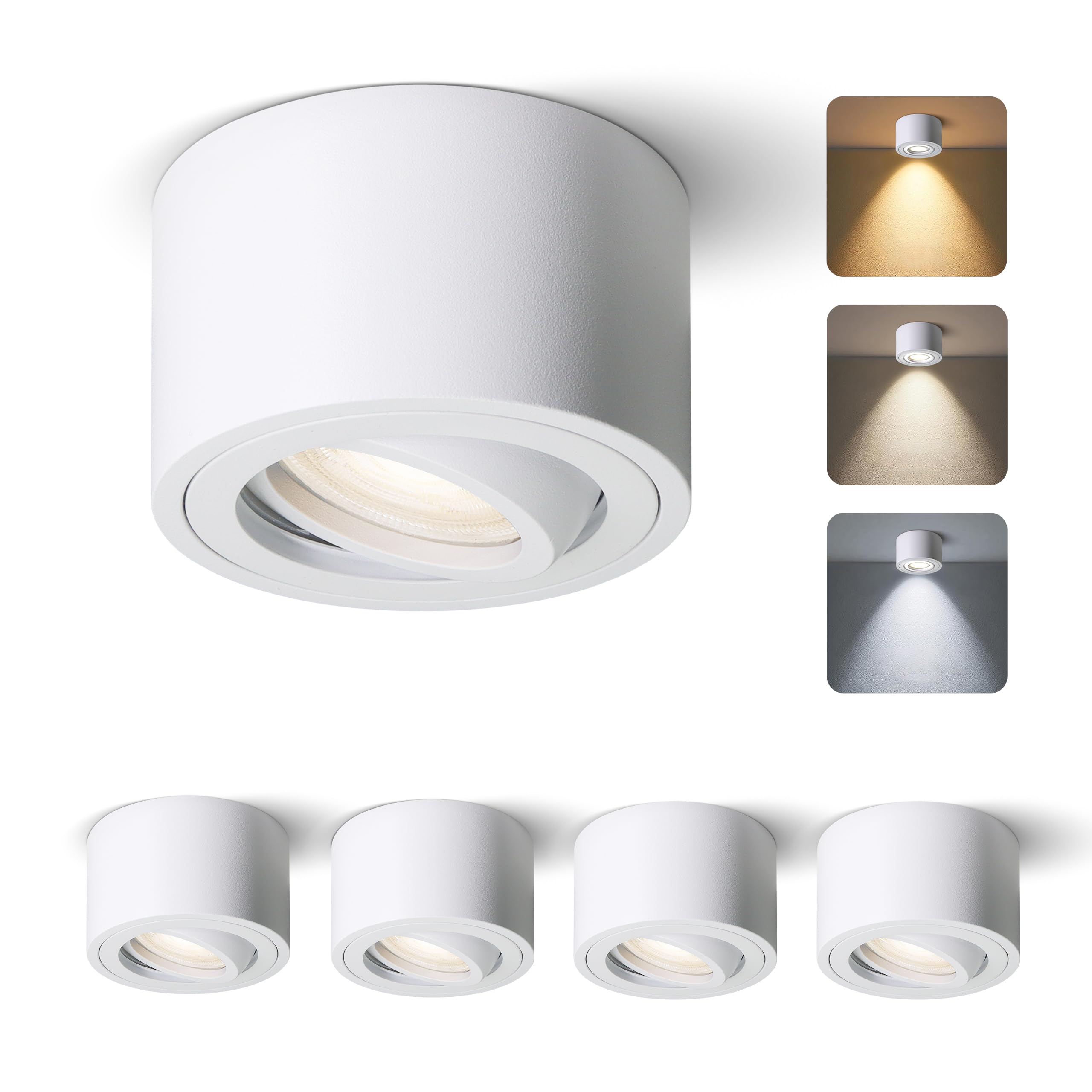 4er Set Aufbauspot Weiß, LED Aufbaustrahler Deckenstrahler, IP65 für Badezimmer, 5W 520lm Warmweiß 3000K / Neutralweiß 4000K / Kaltweiß 6000K, aus Aluminium, Ø80x50mm, LED Modul 230V, CRI90+