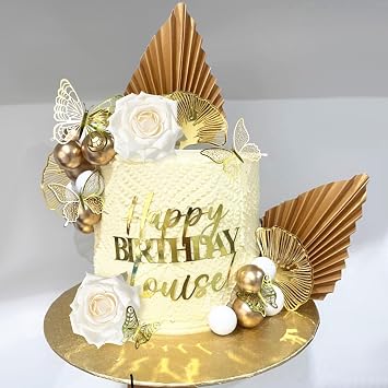 Boho Cake Topper Champagne Rose Cake Decoration White Gold Balls Cake Decoration Gold Palm Leaves Cake Topper Flower Cake Toppers for Wedding Baby Shower Birthday