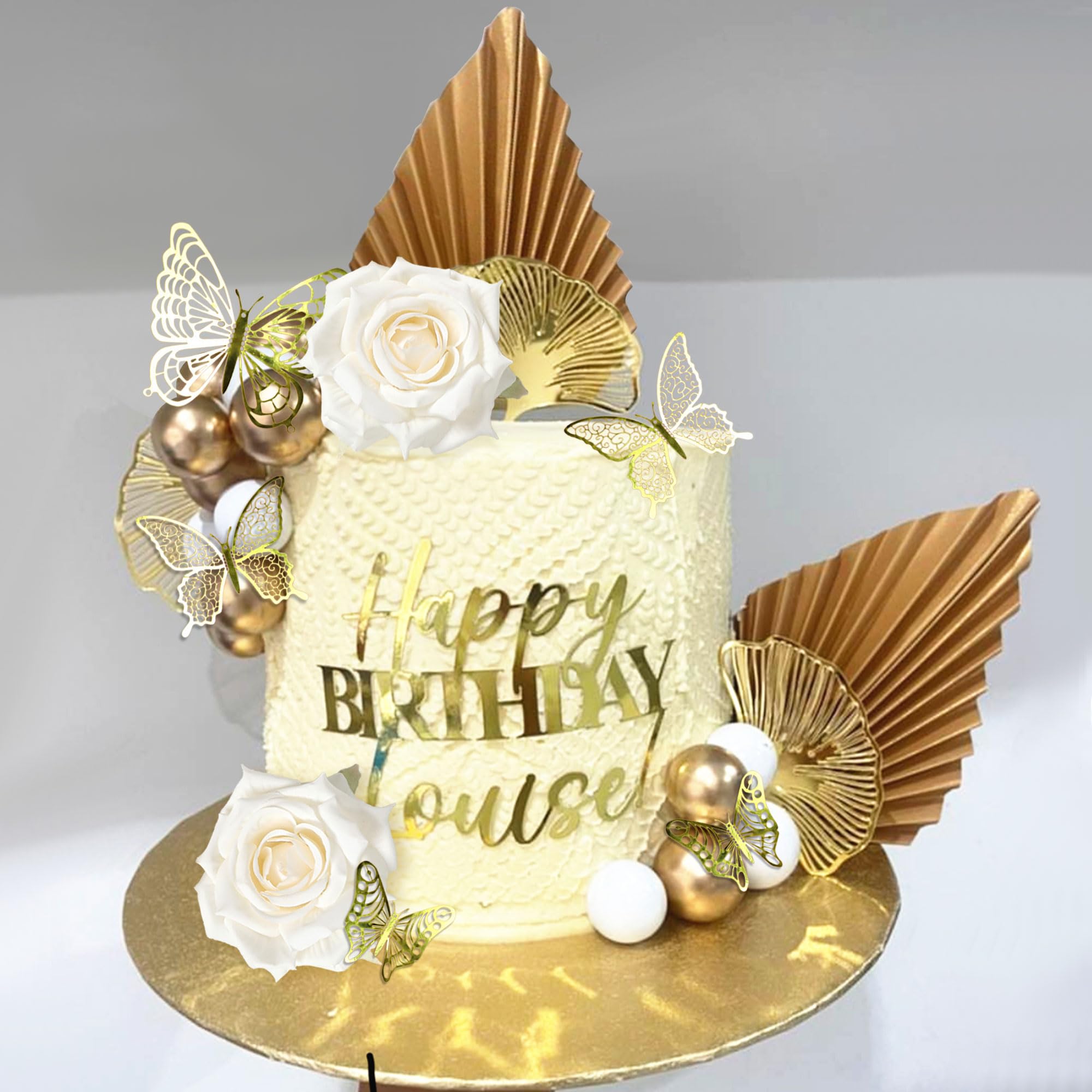 Boho Champagner Tortendeko Gold Kugeln Tortendeko Gold Palmblätter Cake Topper Böhmische Weißgoldkugel für Hochzeit Geburtstag Jubiläum