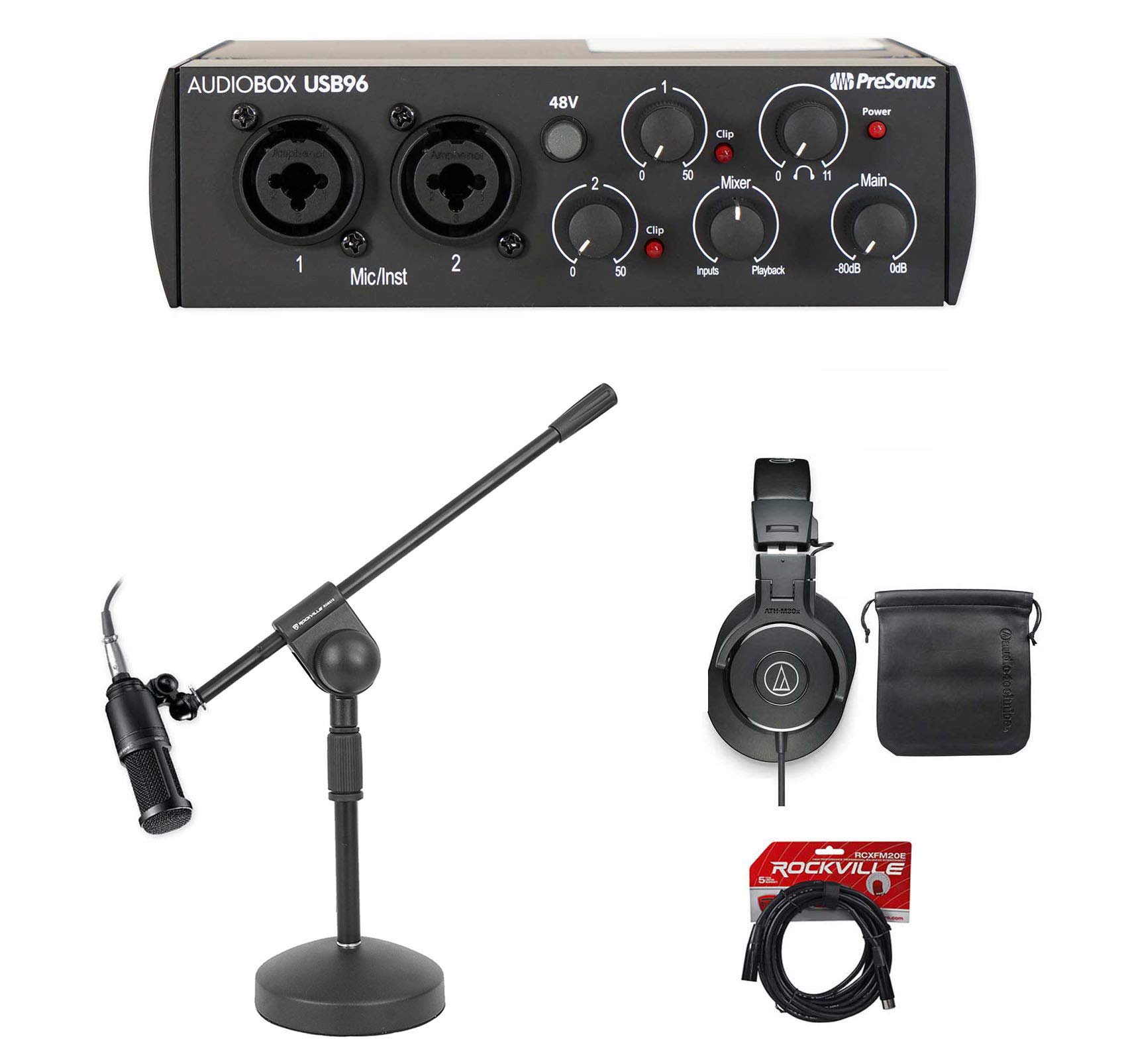 Audiosavings Bundle: Audiobox 96 2x2 USB Interface Bundle with AT2020 Cardioid Condenser Mic + ATH-M30X Studio Headphones + Rockville RCXFM30E-B 30ft XLR Cable + RDMS70 Desktop Mic Stand (5 Items)