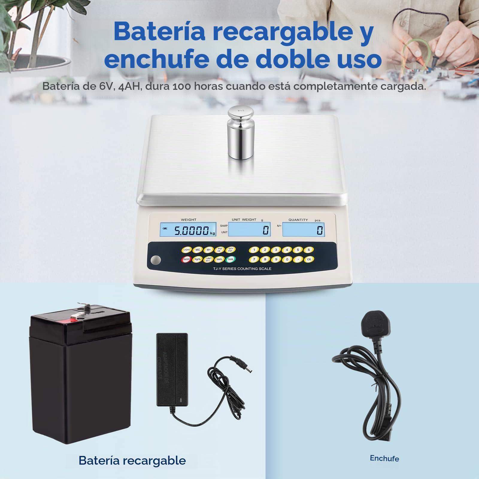 Bonvoisin Báscula Cuentapiezas Digital 6 kg x 0,1 g | Báscula Industrial de Alta Precisión Todo en Uno con Tara, Conteo y Alarma | Salida de Datos RS232 y Batería Recargable | Para Piezas y Monedas