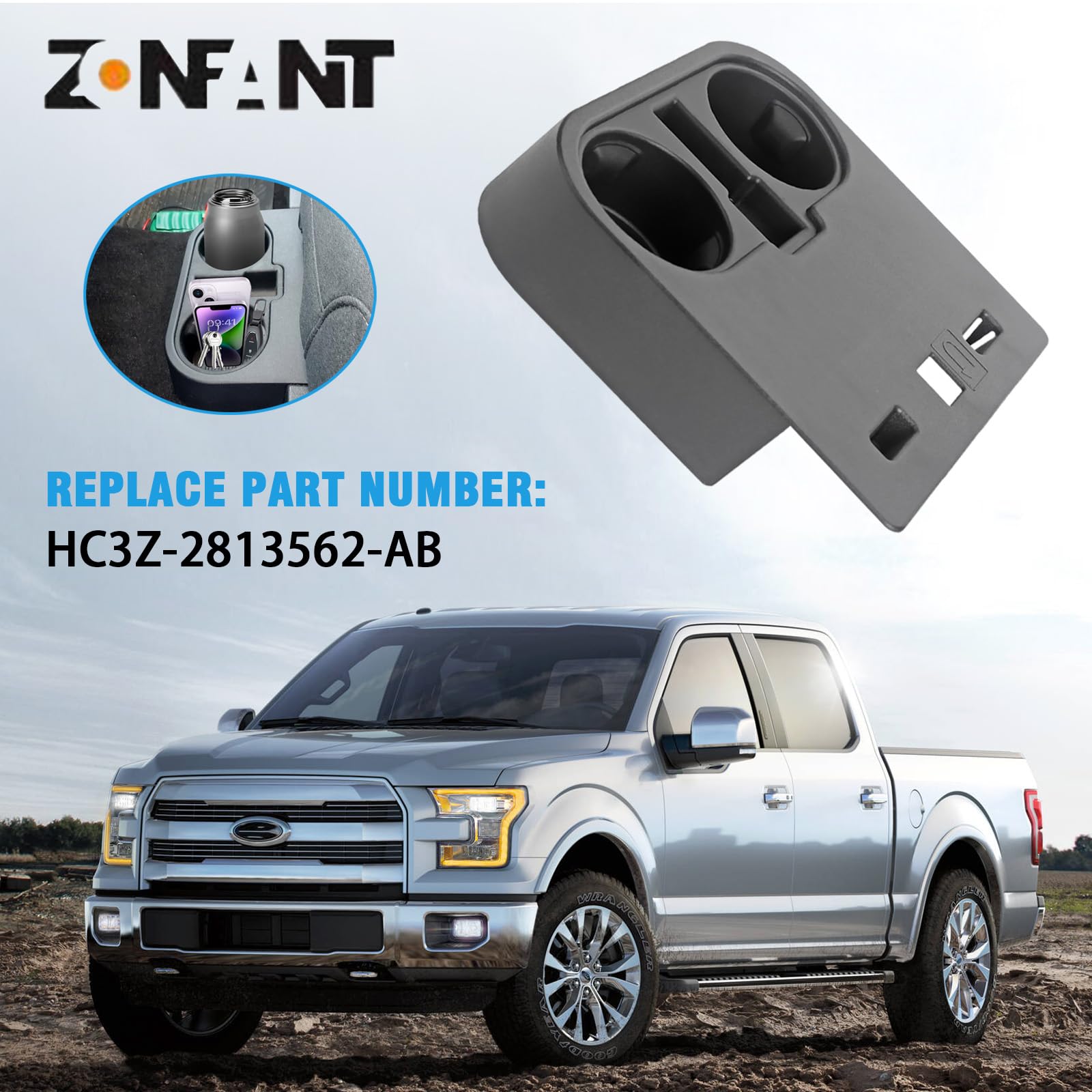 ZONFANT Front Console Cup Holder, Drink Bottle Holder Under Front Seat Bottom Compatible with Ford Vehicle 2015-2020 F150, 2017-2022 F250 F350 F450 Super Duty, Replace#HC3Z-2813562-AB