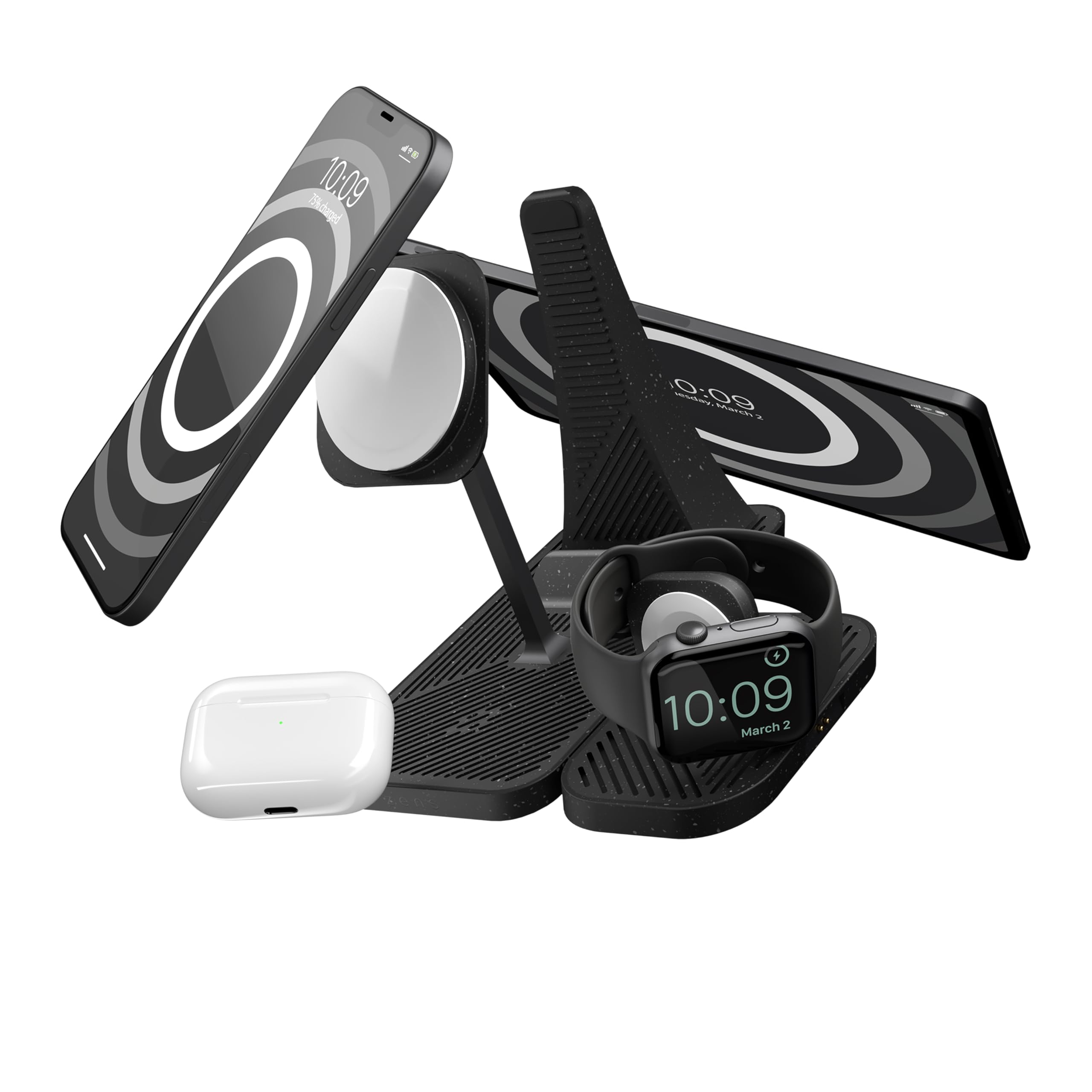 Zens 4-in-1 Modular Wireless Charging Station, MagSafe and Qi 15W Wireless Charger for iPhone, Apple Watch, AirPods, iPad Stand, Includes 65W Power Adapter (EU, UK, US) and 1.5M Integrated Cable,Black