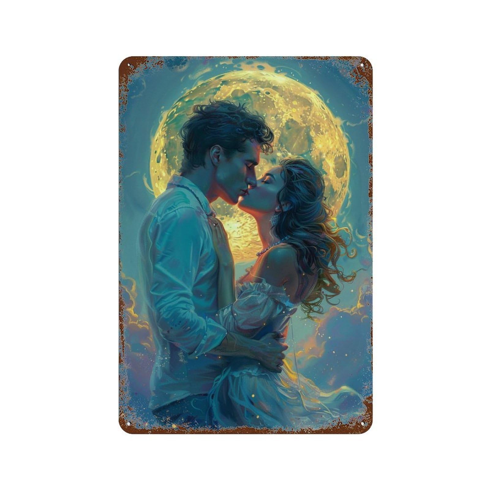 Romantic Moonlit Kiss Retro Metal Sign 11.8"x7.9", Ideal for Cafe, Home Bar And Lounge Decor
