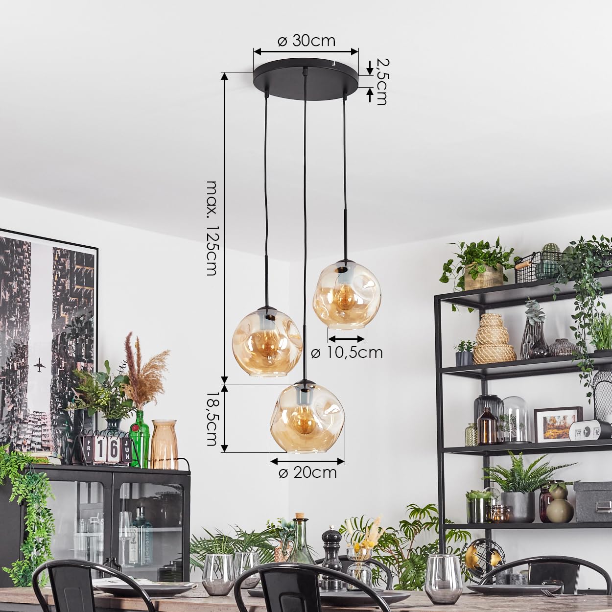 HOFSTEIN Hängeleuchte Ripoll, 3-flammige Hängelampe aus Metall/Glas in Schwarz/Bernsteinfarben, moderne Pendelleuchte im Retro/Vintage-Design, Schirme Ø 20 cm, E27, Esszimmer, Küche, Wohnzimmer