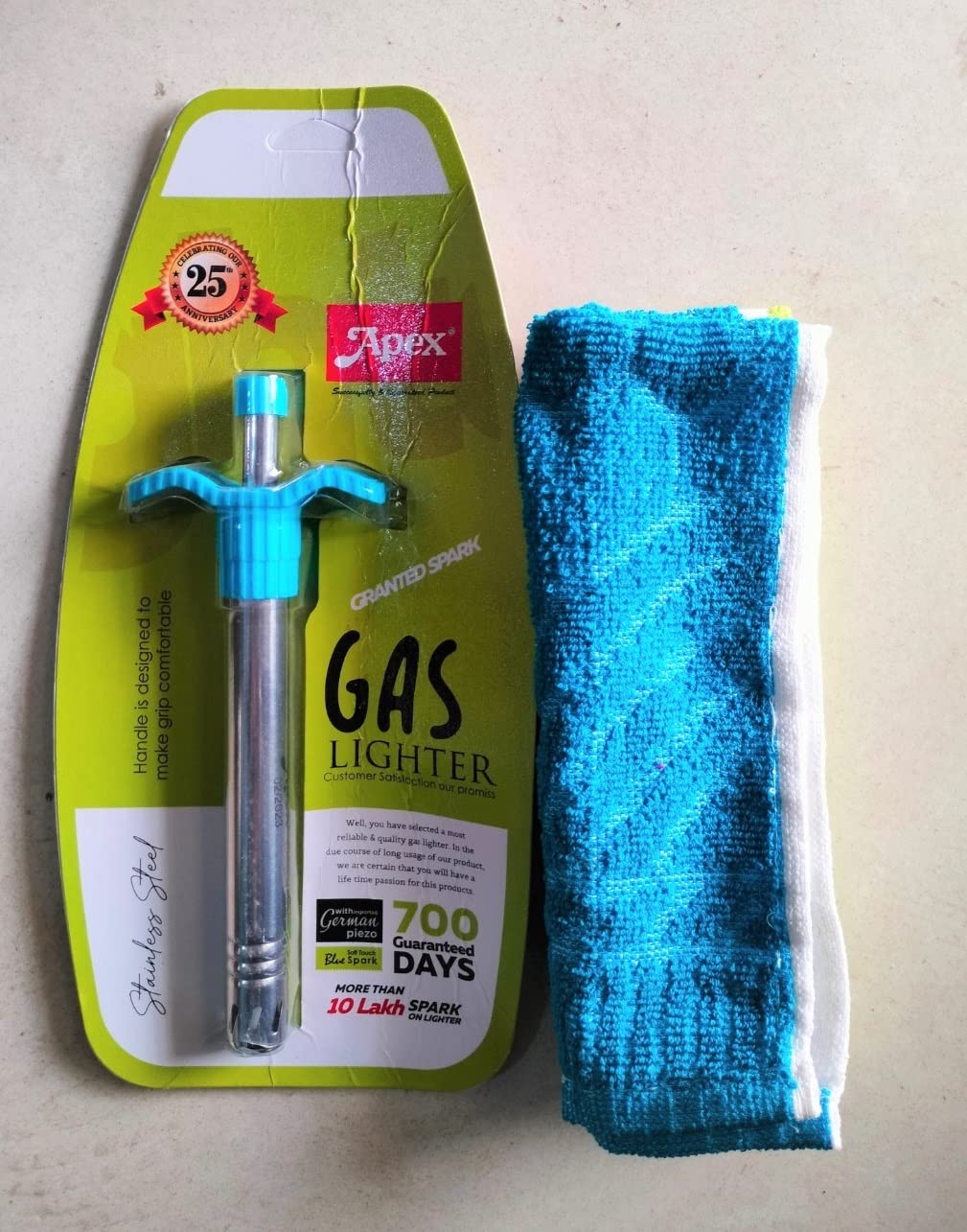 APEX Soft Touch Blue Spark Kitchen Gas Lighter | Imported German Piezo, Stainless Steel (Silver) | Pack of 1 with Wike Cleaning Cloth