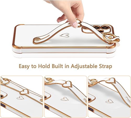 Vista 52 de ZTOFERA Funda para Samsung Galaxy S22 Plus 5G con correa para la muñeca, bonito borde chapado de lujo, patrón de corazones de amor para niñas y Azul